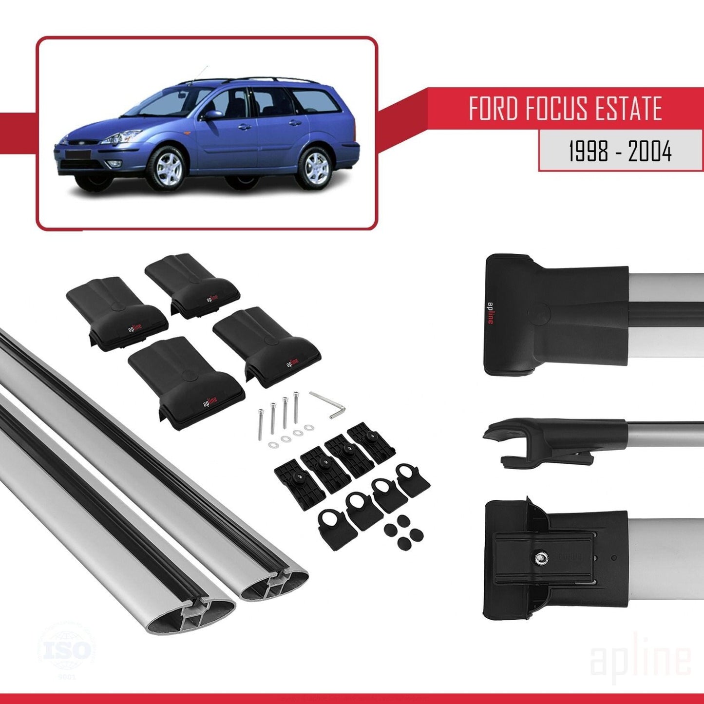 Compatible with Ford Focus (C170) SW 1998-2004 FLY Model Car Roof Rack Cross Bar Grey Aluminium 2 Bars
