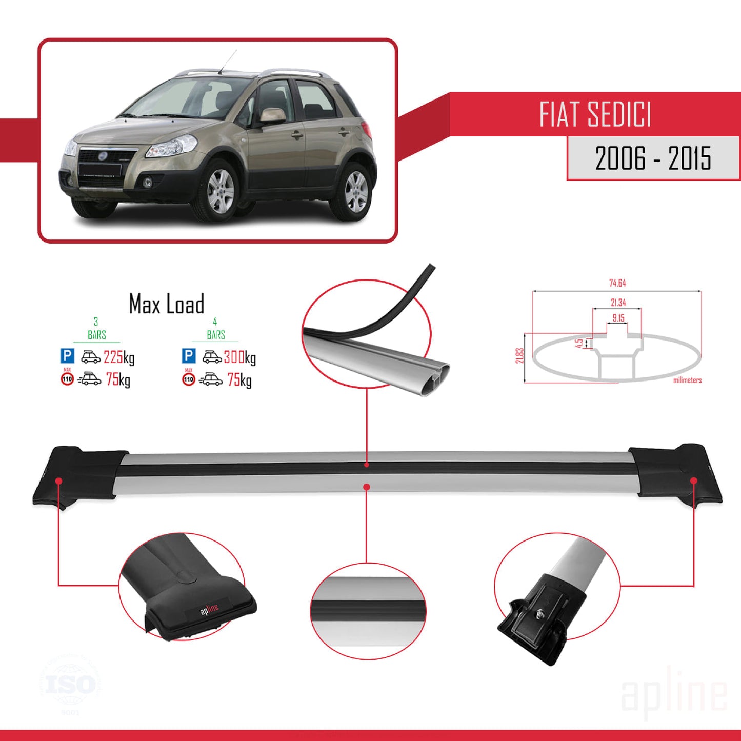 Compatible with Fiat Sedici 2006-2015 FLY Model Car Roof Rack Cross Bar Grey Aluminium 3 Bars