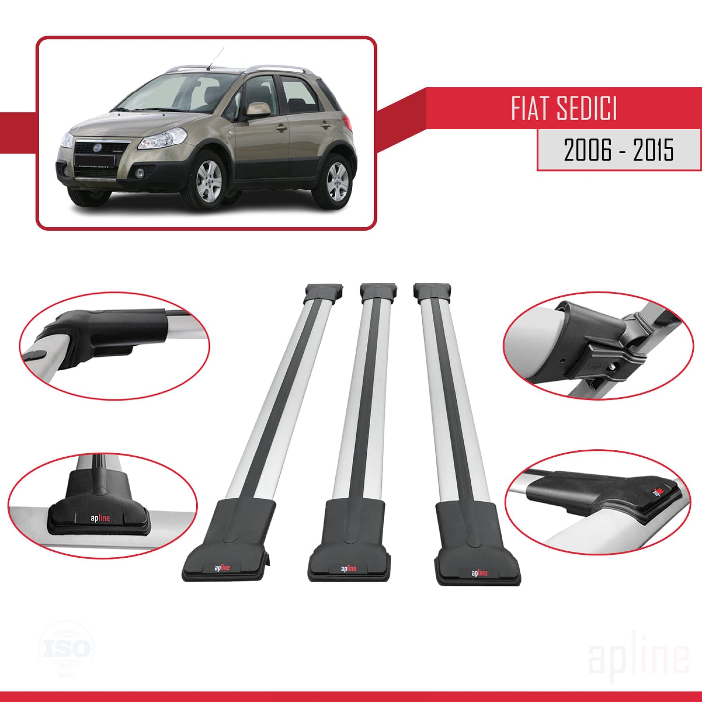 Compatible with Fiat Sedici 2006-2015 FLY Model Car Roof Rack Cross Bar Grey Aluminium 3 Bars