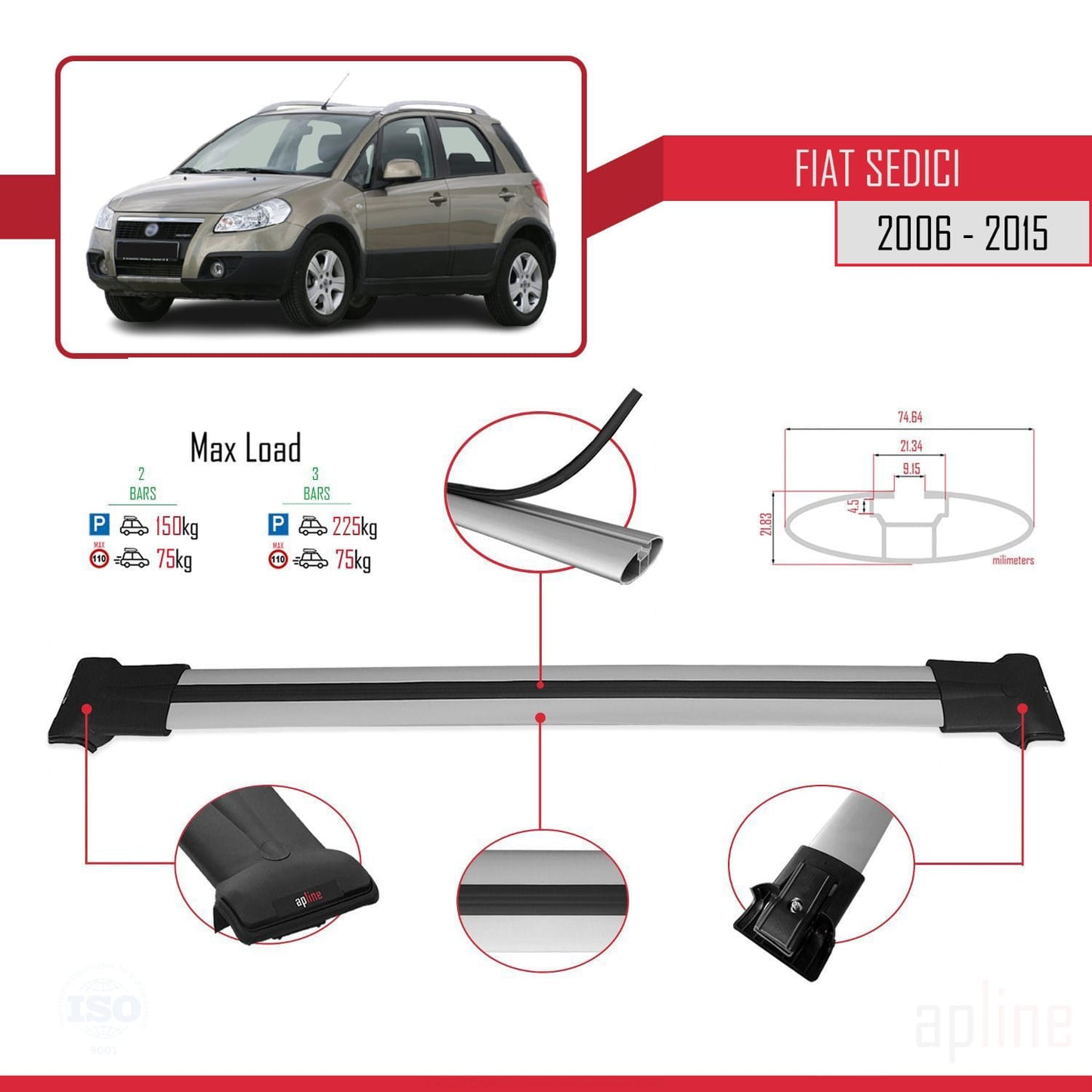 Compatible with Fiat Sedici 2006-2015 FLY Model Car Roof Rack Cross Bar Grey Aluminium 2 Bars