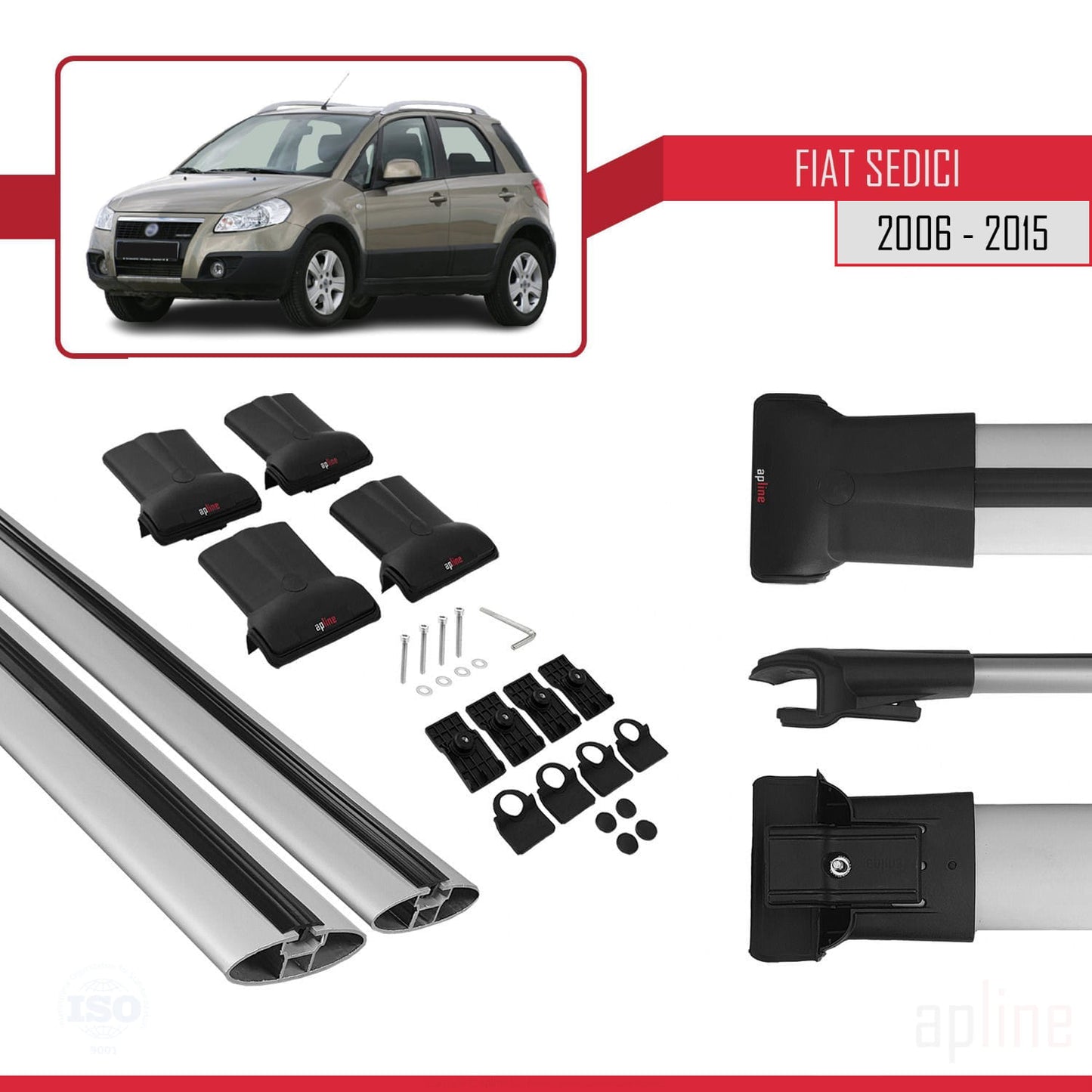 Compatible with Fiat Sedici 2006-2015 FLY Model Car Roof Rack Cross Bar Grey Aluminium 2 Bars