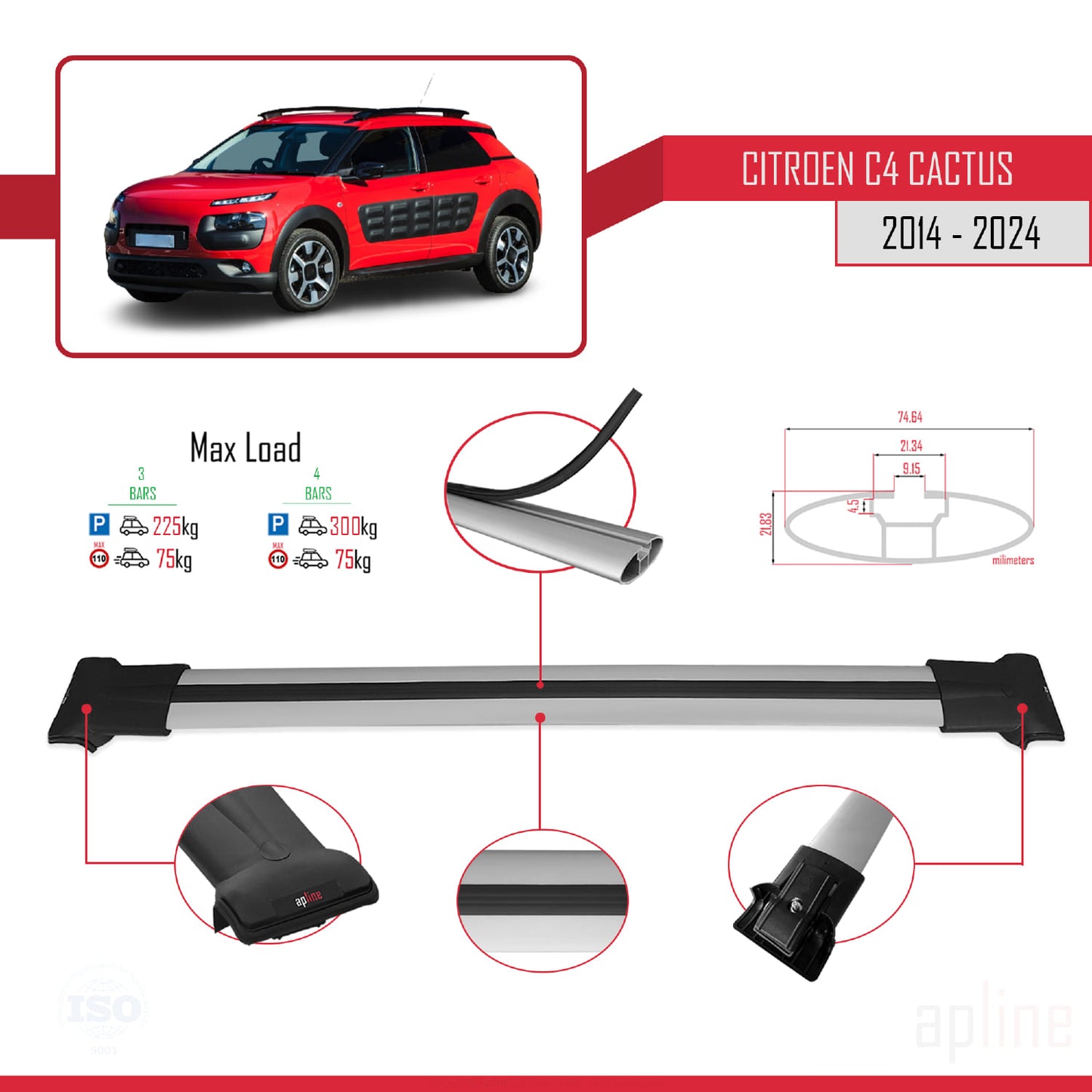 Compatible with Citroen C4 Cactus 2014-2021 FLY Model Car Roof Rack Cross Bar Grey Aluminium 3 Bars