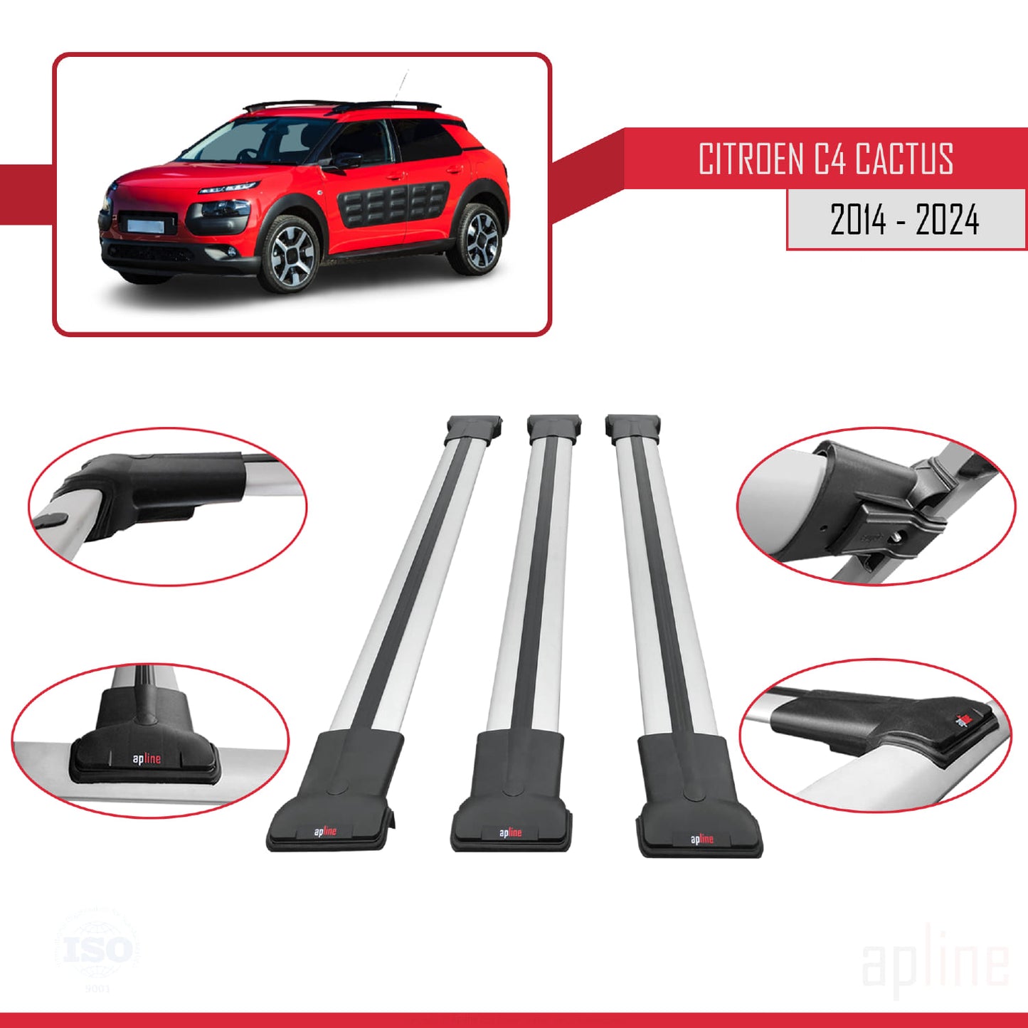 Compatible with Citroen C4 Cactus 2014-2021 FLY Model Car Roof Rack Cross Bar Grey Aluminium 3 Bars