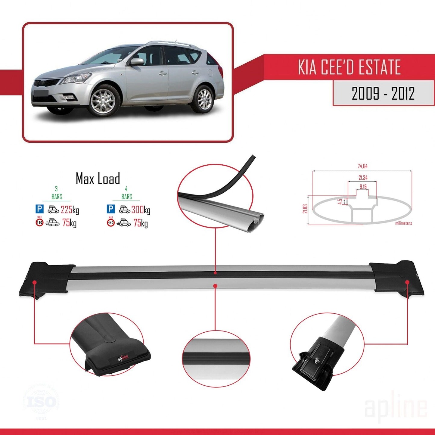 Compatible with Kia Ceed (ED) SW Post-Facelift 2009-2012 FLY Model Car Roof Rack Cross Bar Grey Aluminium 3 Bars