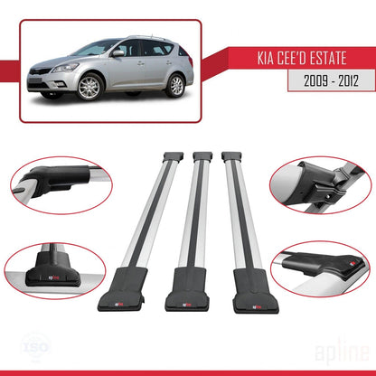 Compatible with Kia Ceed (ED) SW Post-Facelift 2009-2012 FLY Model Car Roof Rack Cross Bar Grey Aluminium 3 Bars