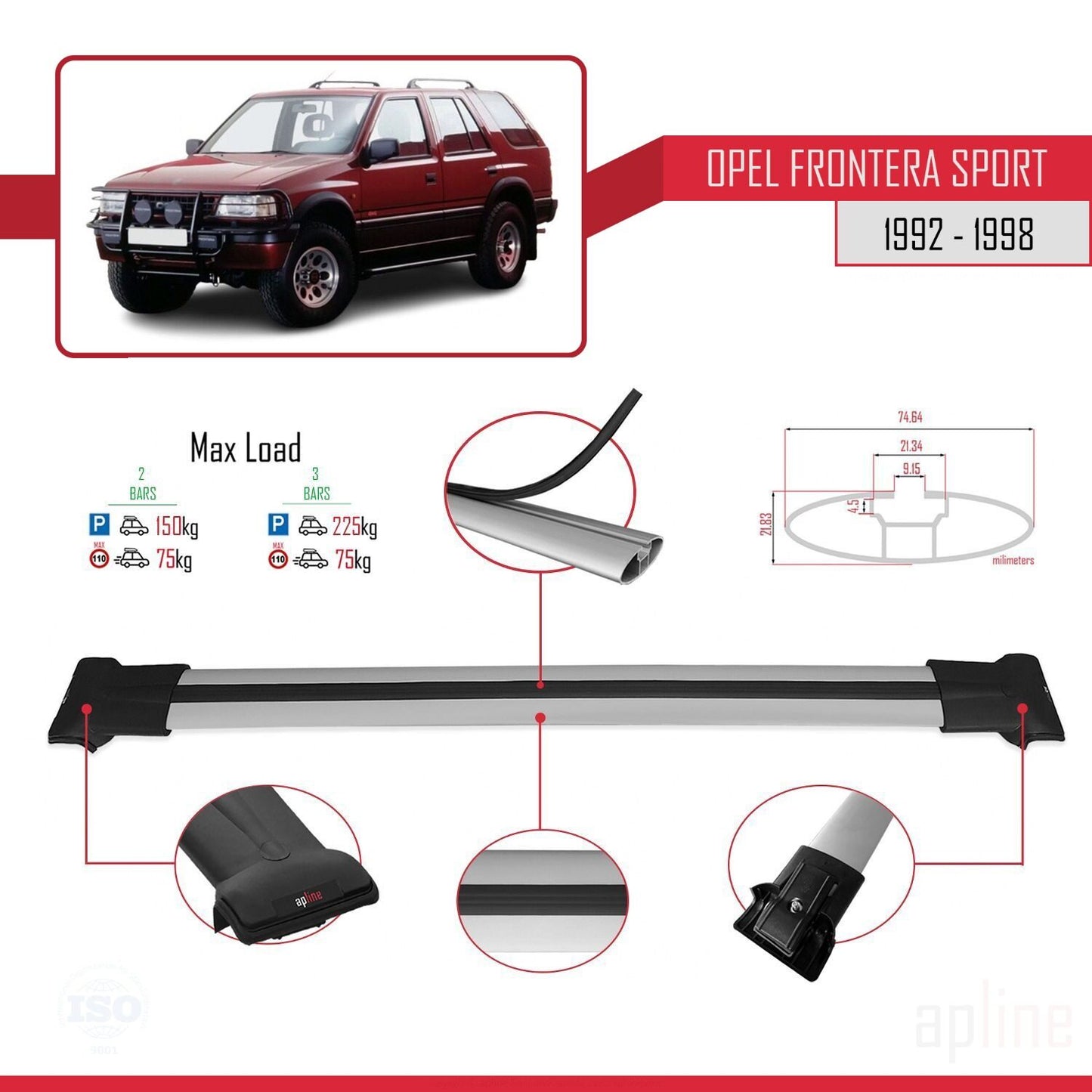 Compatible with Opel Frontera Sport 1992-1998 FLY Model Car Roof Rack Cross Bar Grey Aluminium 2 Bars