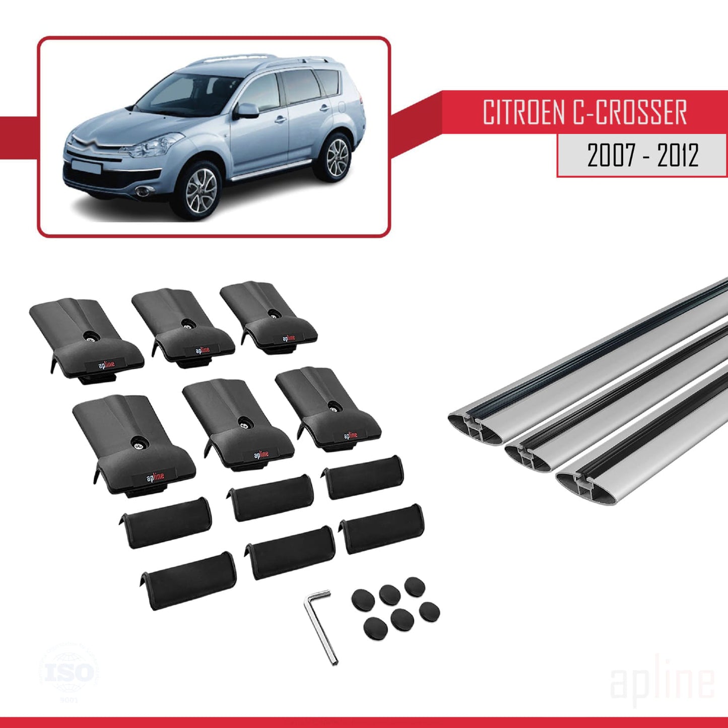 Compatible with Citroen C-Crosser 2007-2012 FLY Model Car Roof Rack Cross Bar Grey Aluminium 3 Bars