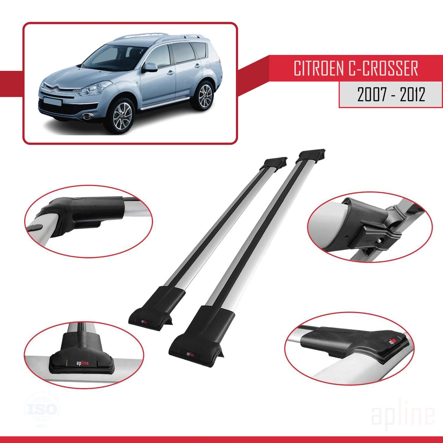 Compatible with Citroen C-Crosser 2007-2012 FLY Model Car Roof Rack Cross Bar Grey Aluminium 2 Bars