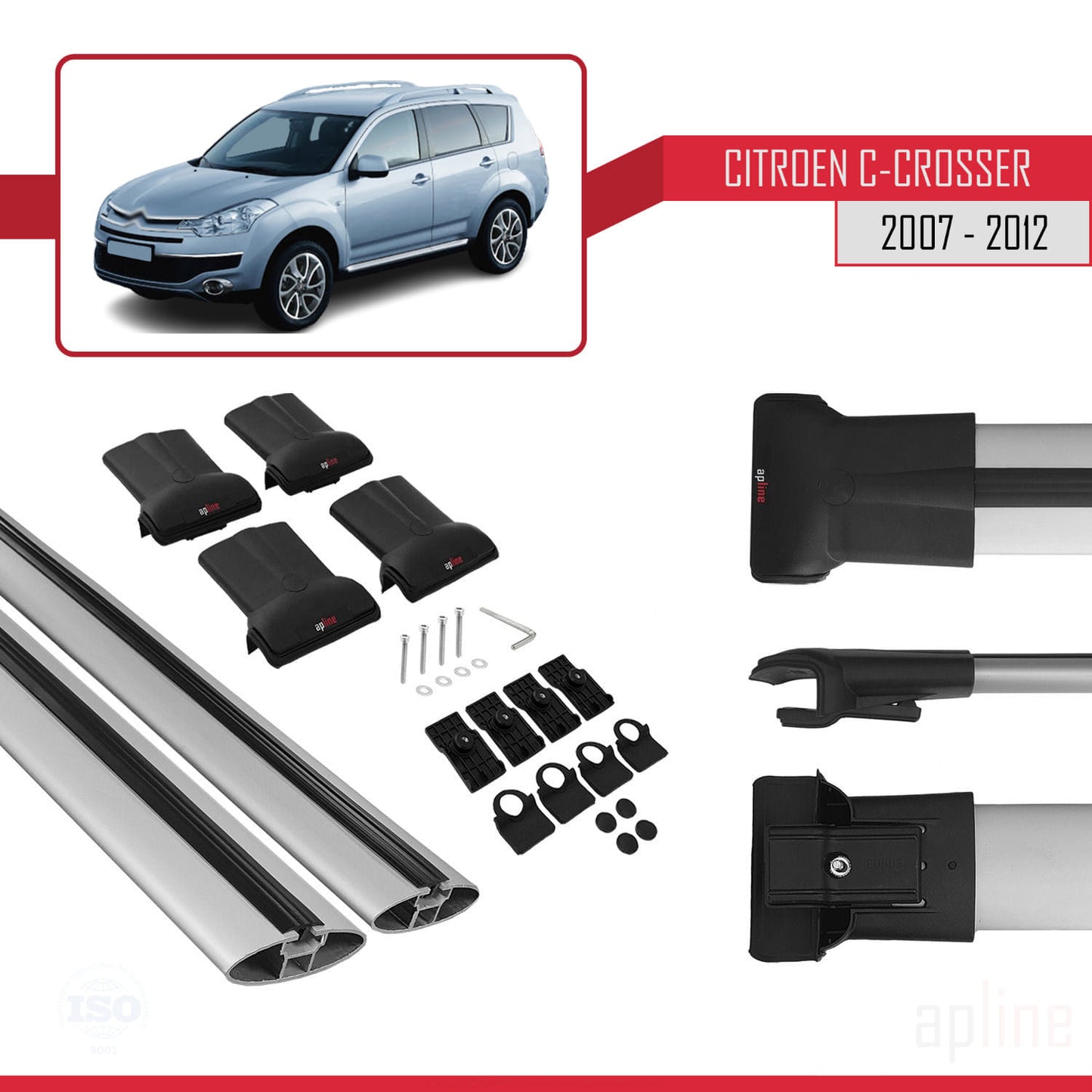 Compatible with Citroen C-Crosser 2007-2012 FLY Model Car Roof Rack Cross Bar Grey Aluminium 2 Bars
