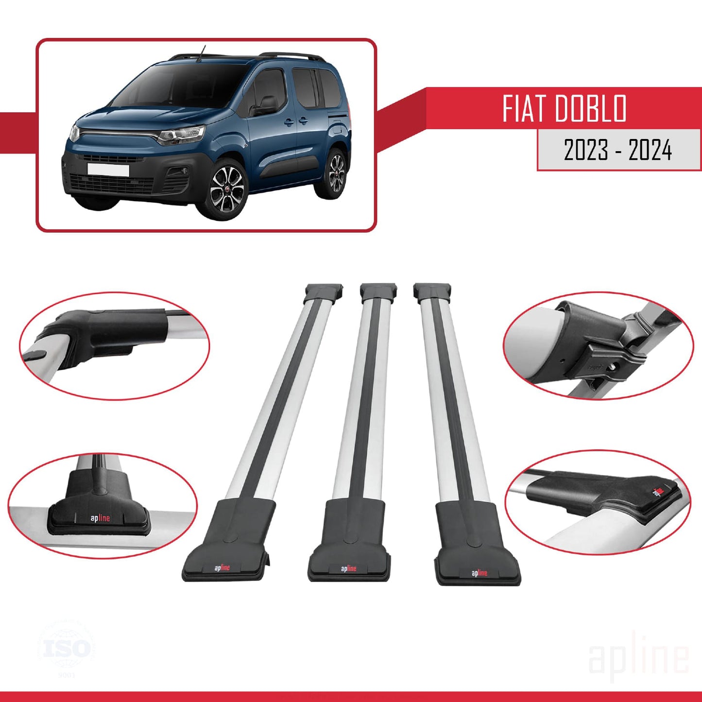 Compatible with Fiat Doblo 3 2023-2024 FLY Model Car Roof Rack Cross Bar Grey Aluminium 3 Bars