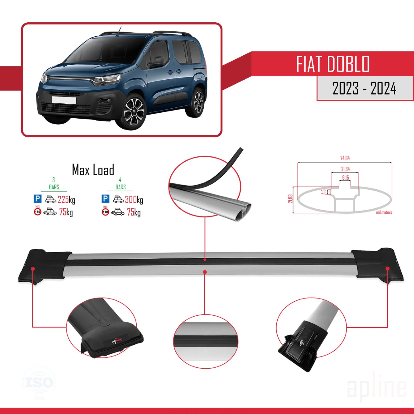Compatible with Fiat Doblo 3 2023-2024 FLY Model Car Roof Rack Cross Bar Grey Aluminium 4 Bars
