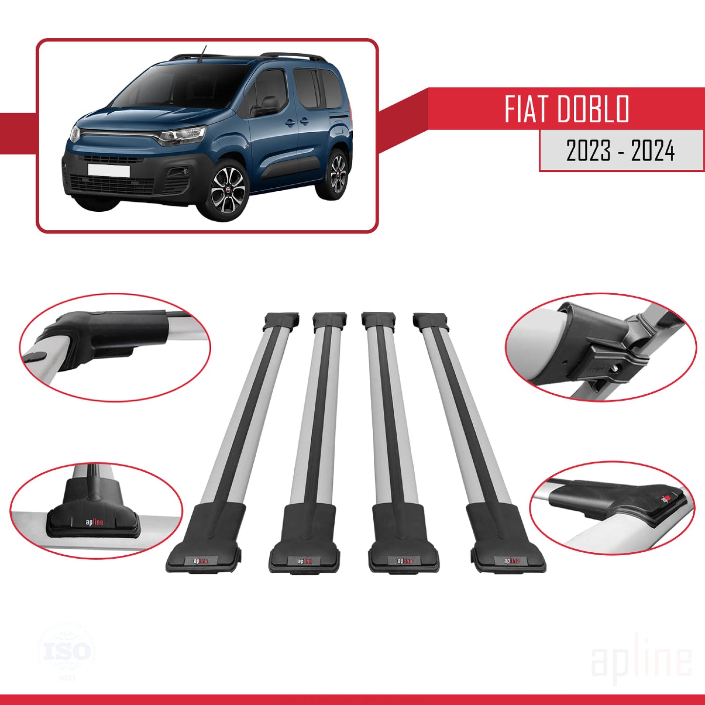 Compatible with Fiat Doblo 3 2023-2024 FLY Model Car Roof Rack Cross Bar Grey Aluminium 4 Bars
