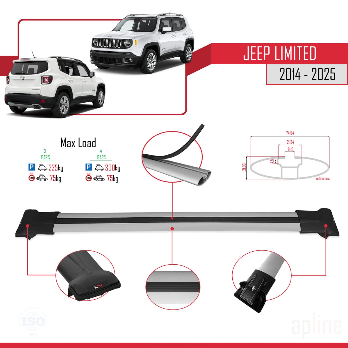 Compatible with Jeep Limited 2014-2025 FLY Model Car Roof Rack Cross Bar Grey Aluminium 3 Bars