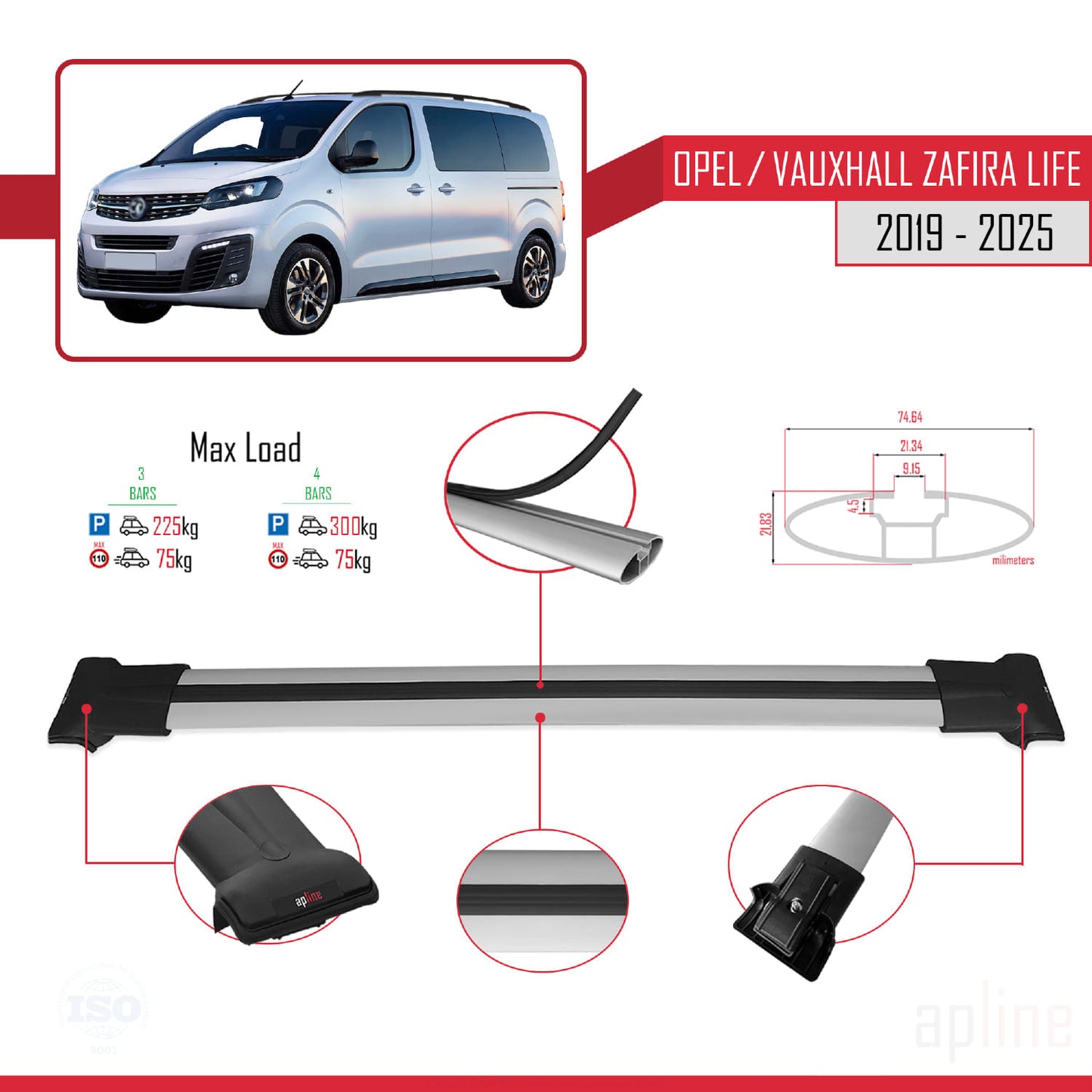 Compatible with Opel Zafira Life 2019-2025 FLY Model Car Roof Rack Cross Bar Grey Aluminium 3 Bars