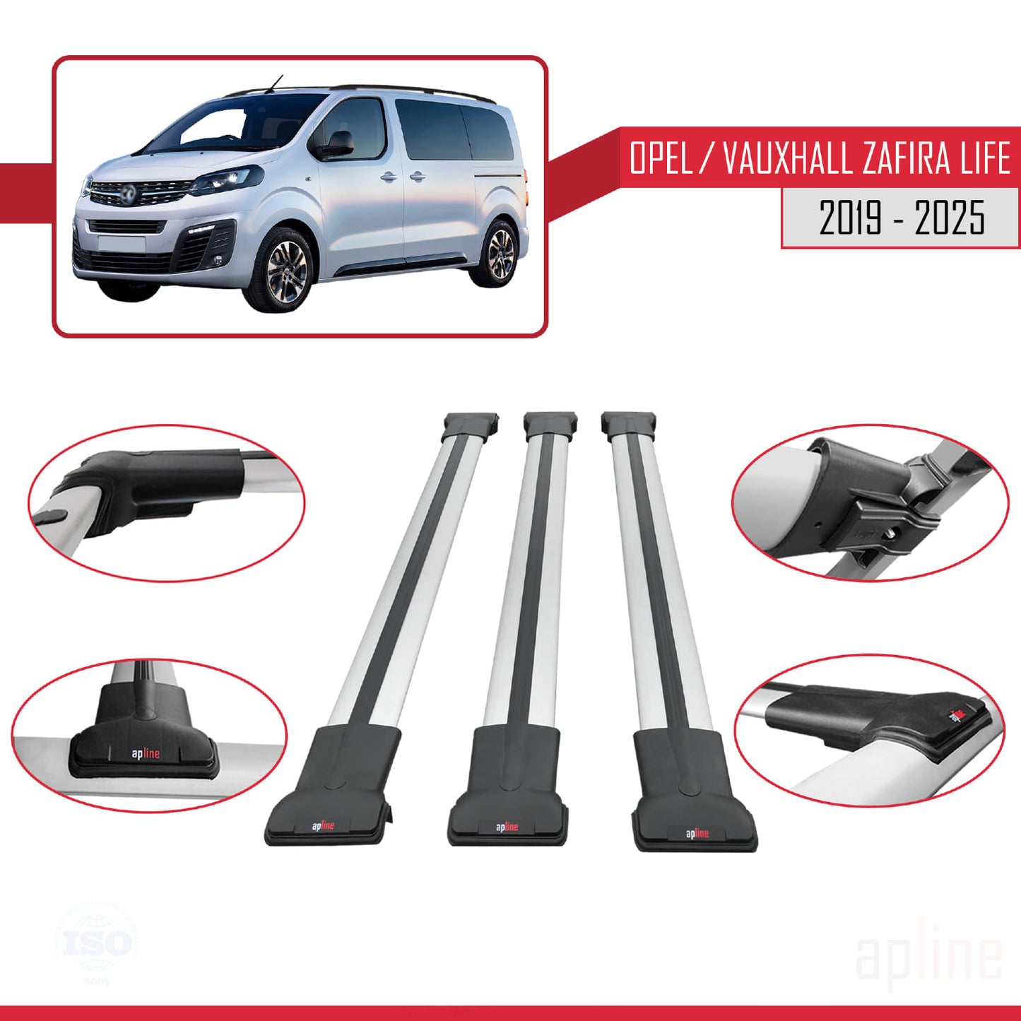 Compatible with Opel Zafira Life 2019-2025 FLY Model Car Roof Rack Cross Bar Grey Aluminium 3 Bars