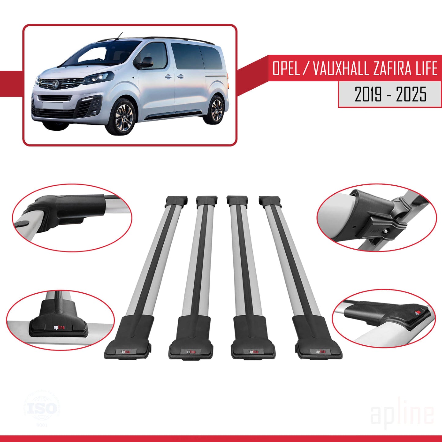 Compatible with Opel Zafira Life 2019-2025 FLY Model Car Roof Rack Cross Bar Grey Aluminium 4 Bars