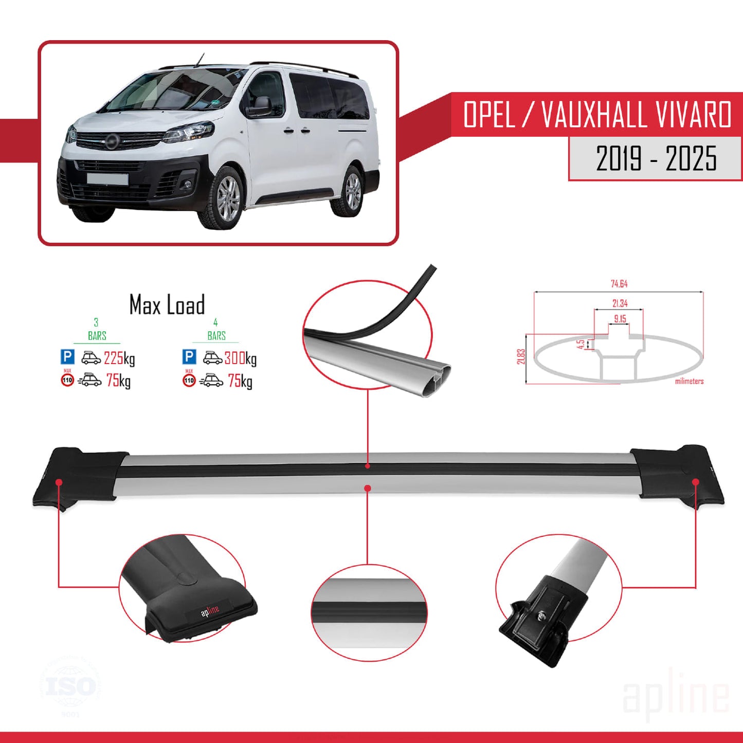 Compatible with Opel Vivaro C 2019-2025 FLY Model Car Roof Rack Cross Bar Grey Aluminium 3 Bars