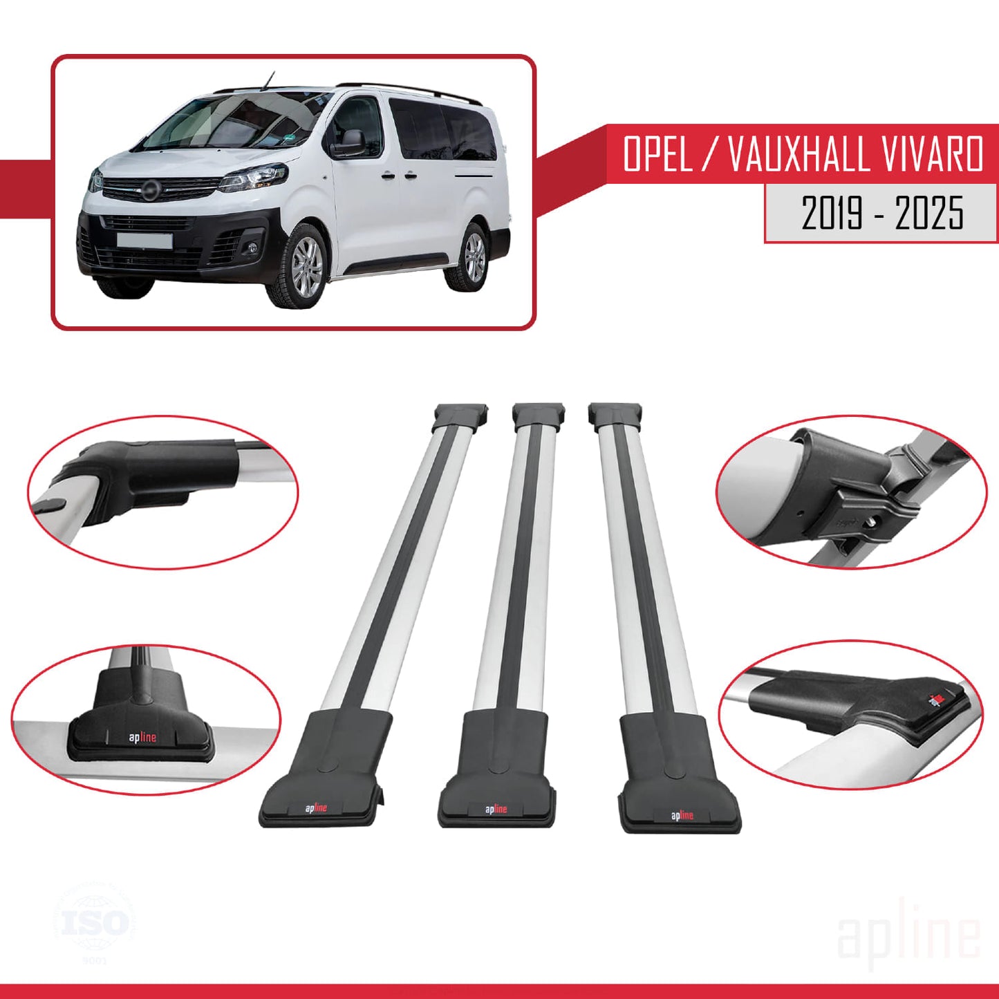 Compatible with Opel Vivaro C 2019-2025 FLY Model Car Roof Rack Cross Bar Grey Aluminium 3 Bars