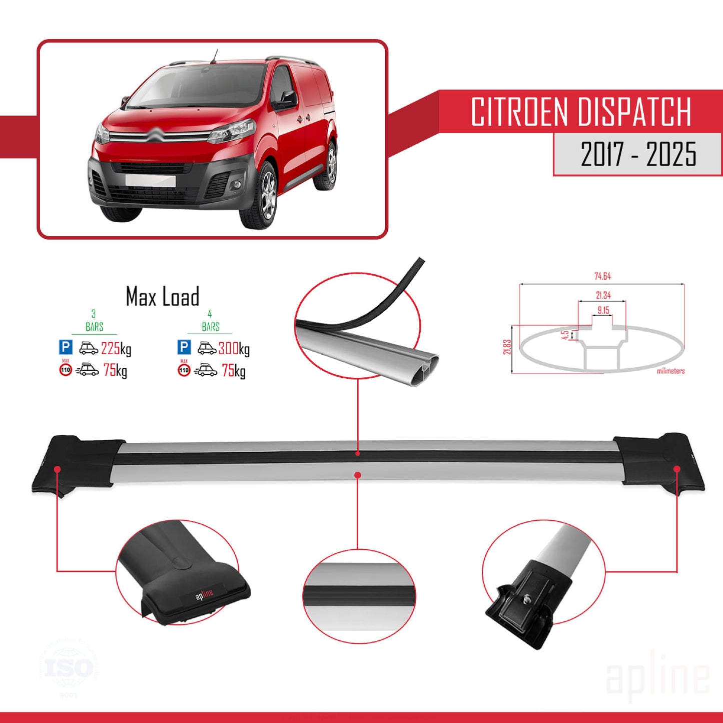 Compatible with Citroen Dispatch (K0) 2017-2025 FLY Model Car Roof Rack Cross Bar Grey Aluminium 4 Bars