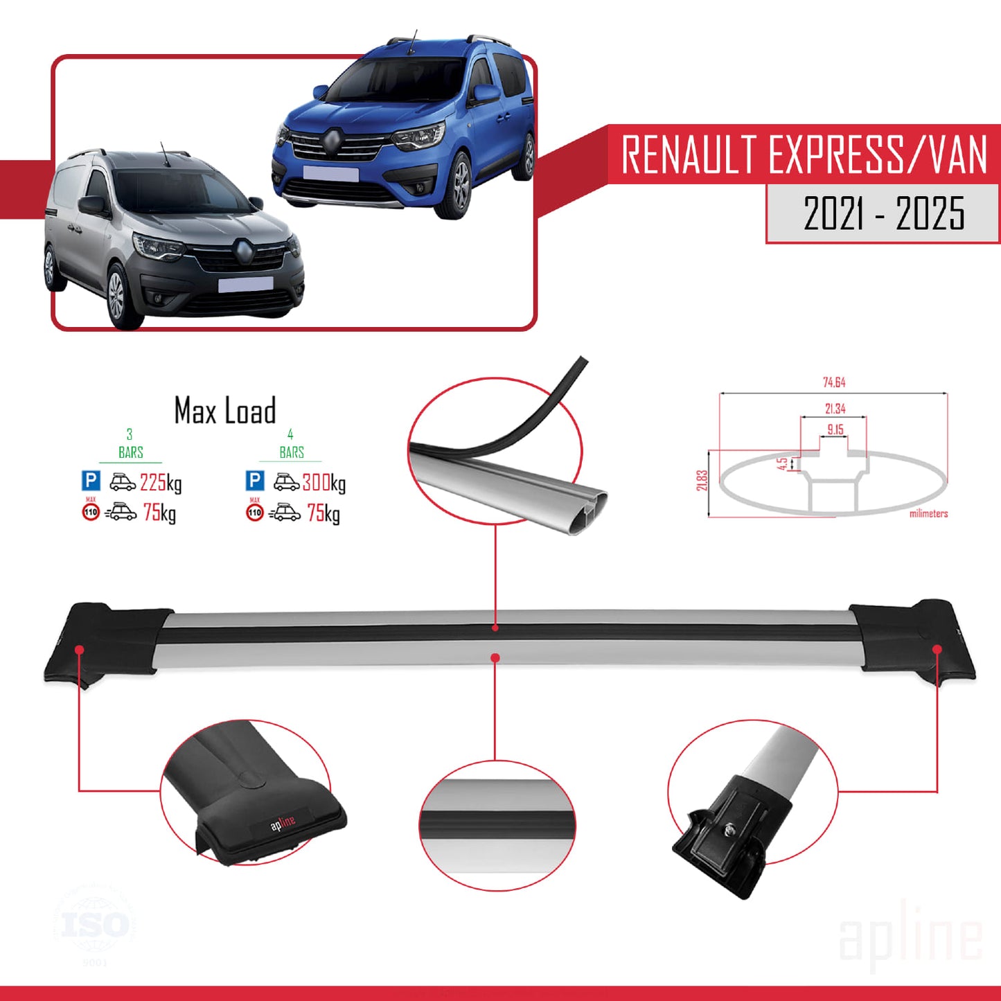 Compatible with Renault Express 2021-2025 FLY Model Car Roof Rack Cross Bar Grey Aluminium 3 Bars