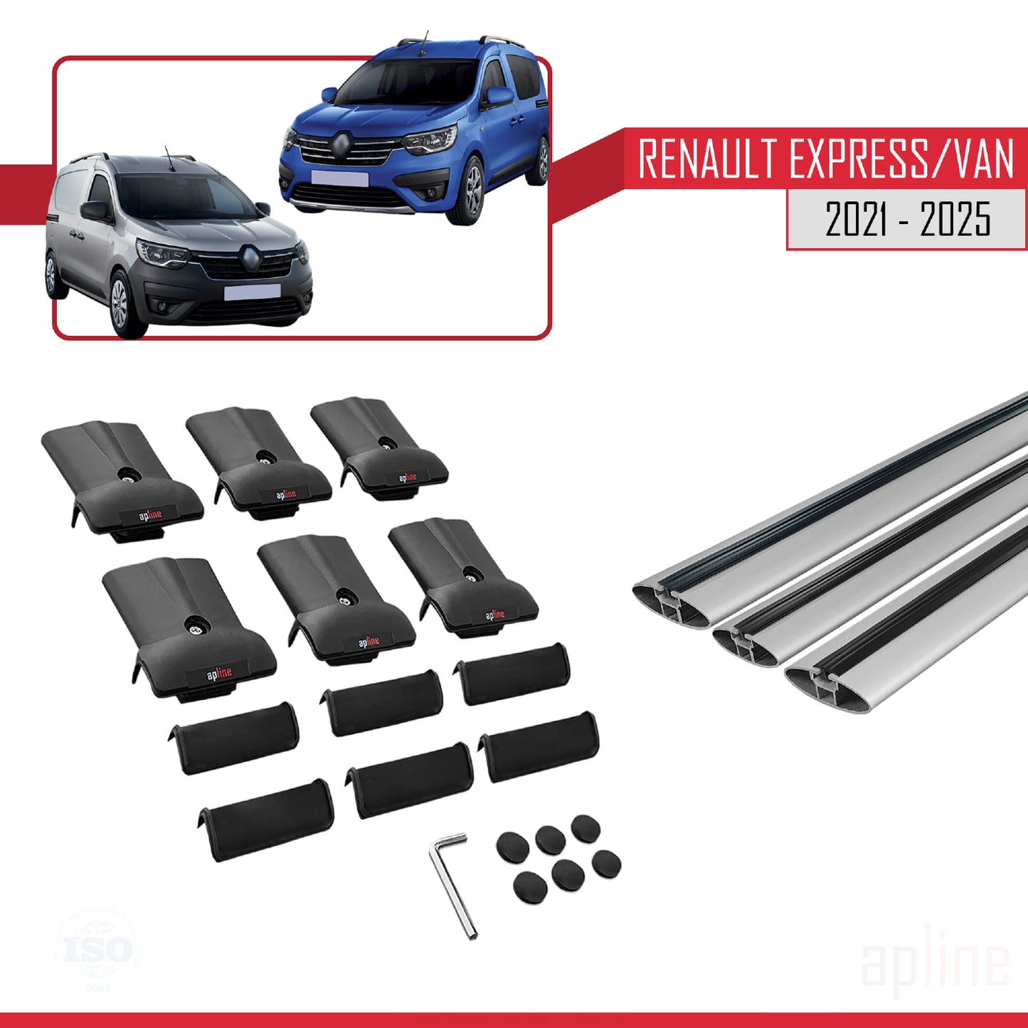 Compatible with Renault Express 2021-2025 FLY Model Car Roof Rack Cross Bar Grey Aluminium 3 Bars