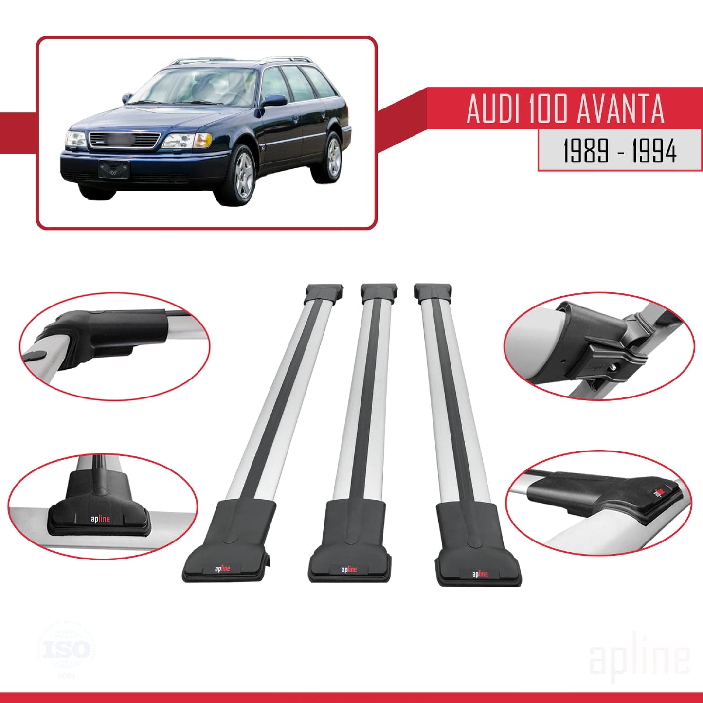 Compatible with Audi 100 Avanta 1989-1994 FLY Model Car Roof Rack Cross Bar Grey Aluminium 3 Bars