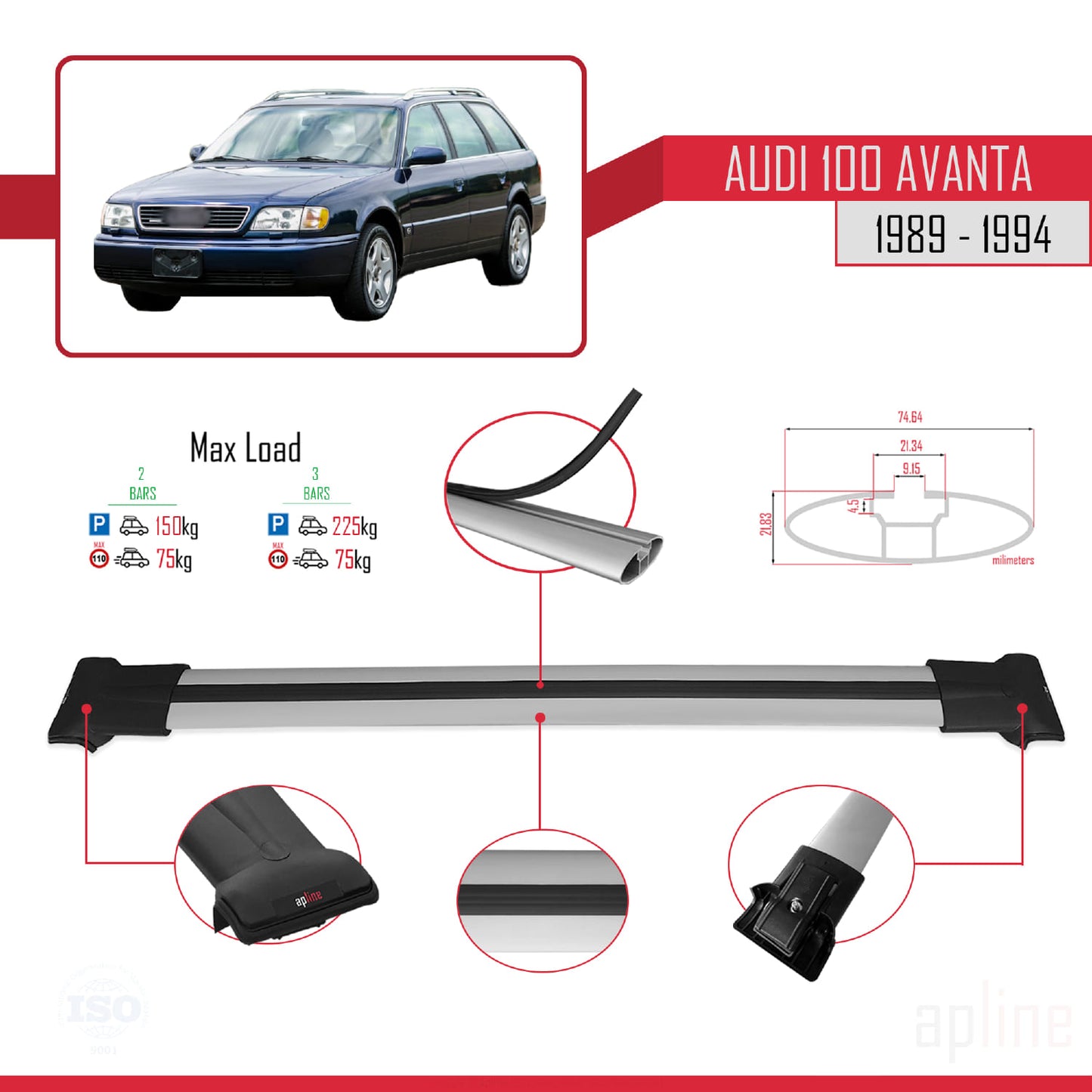 Compatible with Audi 100 Avanta 1989-1994 FLY Model Car Roof Rack Cross Bar Grey Aluminium 2 Bars