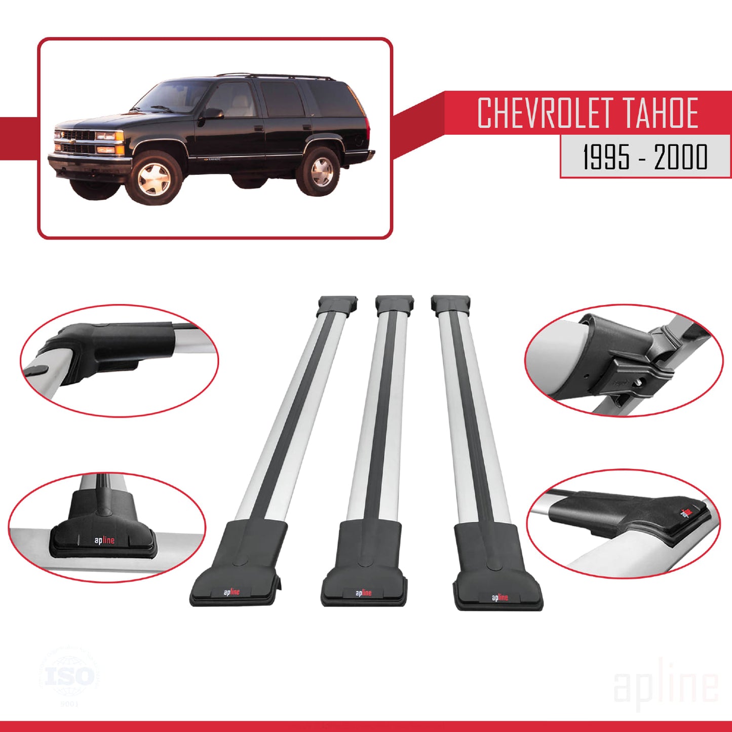 Compatible with Chevrolet Tahoe 1995-2000 FLY Model Car Roof Rack Cross Bar Grey Aluminium 3 Bars