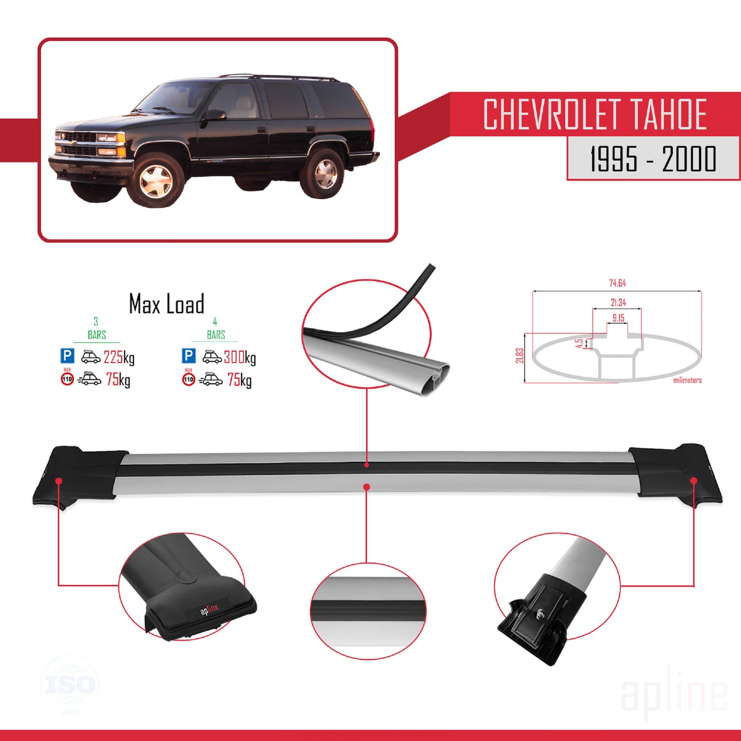 Compatible with Chevrolet Tahoe 1995-2000 FLY Model Car Roof Rack Cross Bar Grey Aluminium 4 Bars