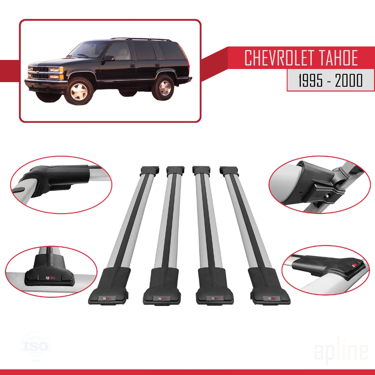 Compatible with Chevrolet Tahoe 1995-2000 FLY Model Car Roof Rack Cross Bar Grey Aluminium 4 Bars