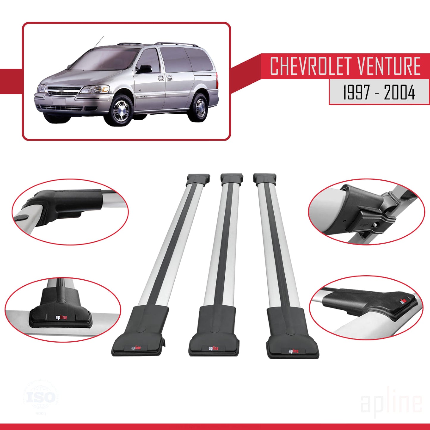 Compatible with Chevrolet Venture 1997-2004 FLY Model Car Roof Rack Cross Bar Grey Aluminium 3 Bars