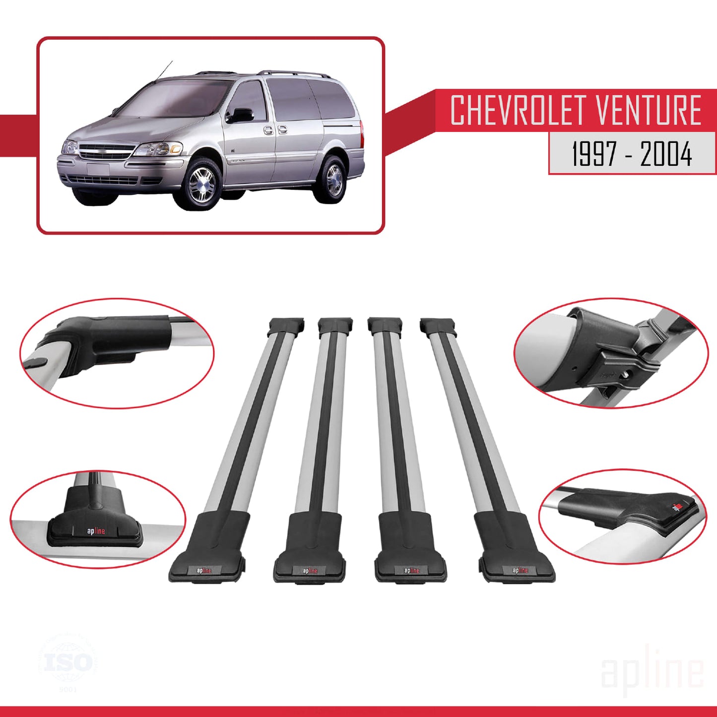 Compatible with Chevrolet Venture 1997-2004 FLY Model Car Roof Rack Cross Bar Grey Aluminium 4 Bars