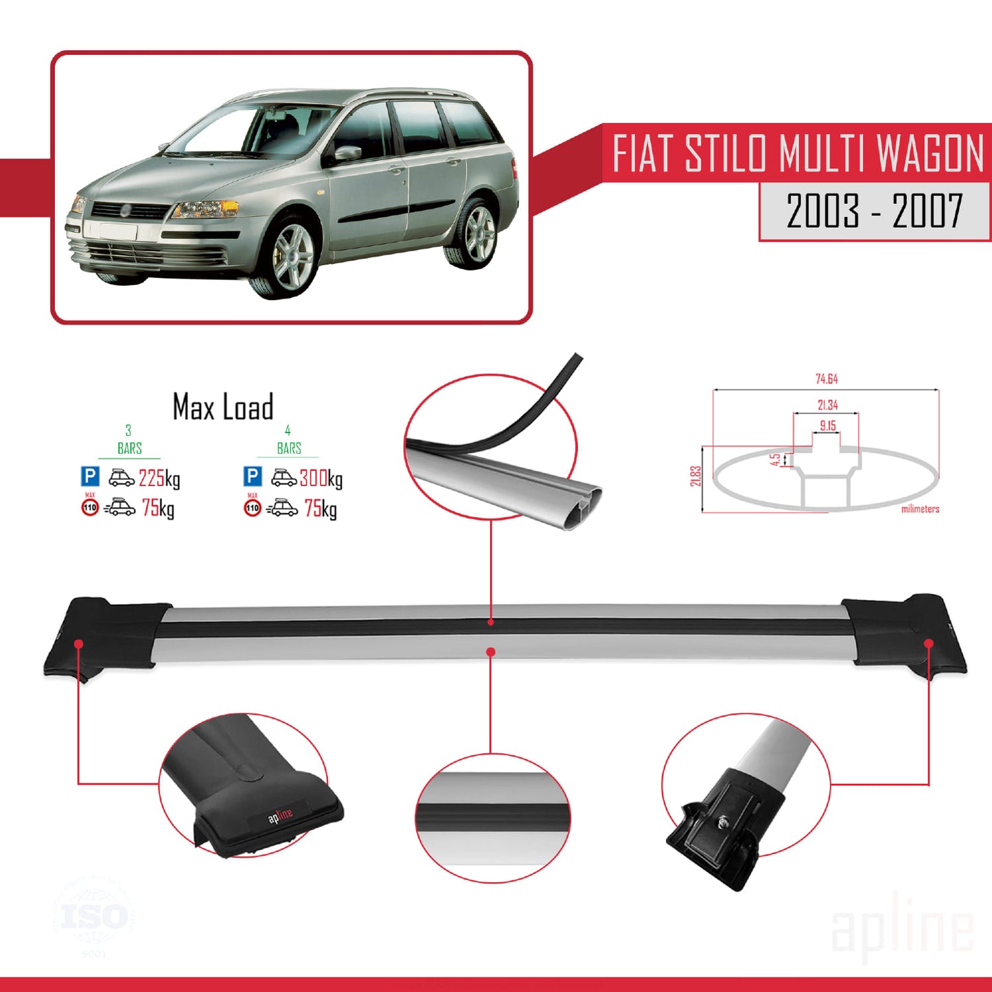 Compatible with Fiat Stilo Multi Wagon 2003-2007 FLY Model Car Roof Rack Cross Bar Grey Aluminium 3 Bars