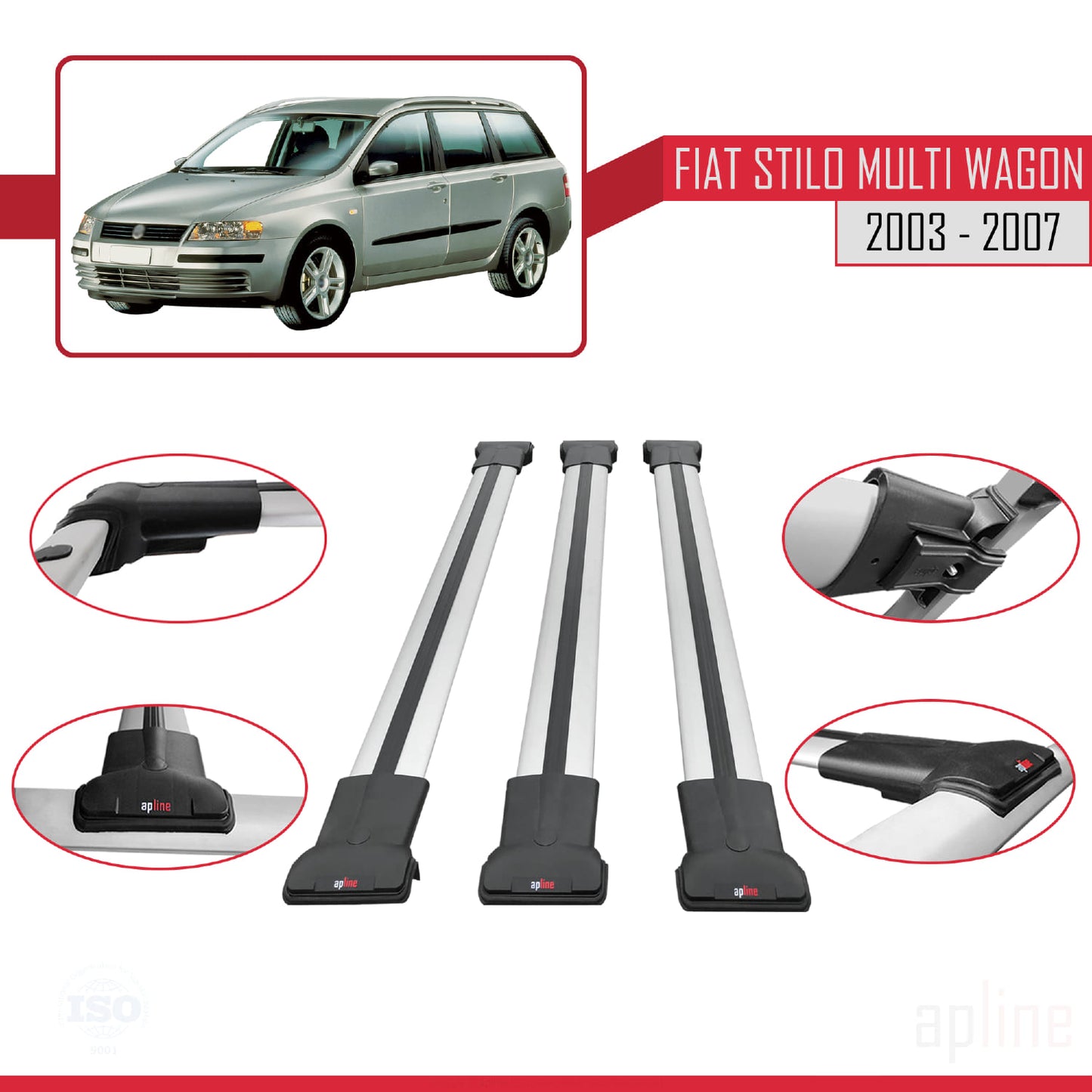 Compatible with Fiat Stilo Multi Wagon 2003-2007 FLY Model Car Roof Rack Cross Bar Grey Aluminium 3 Bars