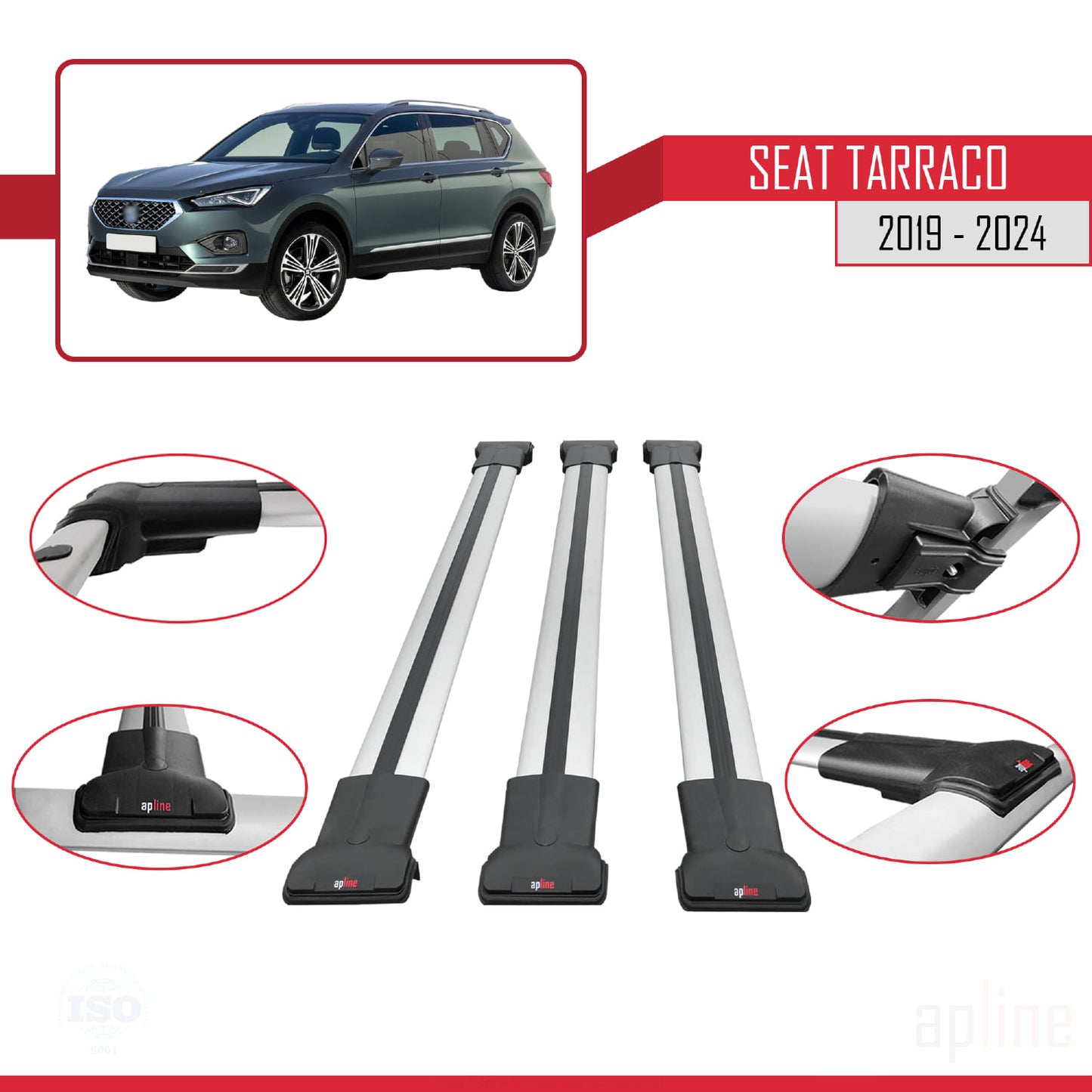 Compatible with Seat Tarraco 2019-2024 FLY Model Car Roof Rack Cross Bar Grey Aluminium 3 Bars