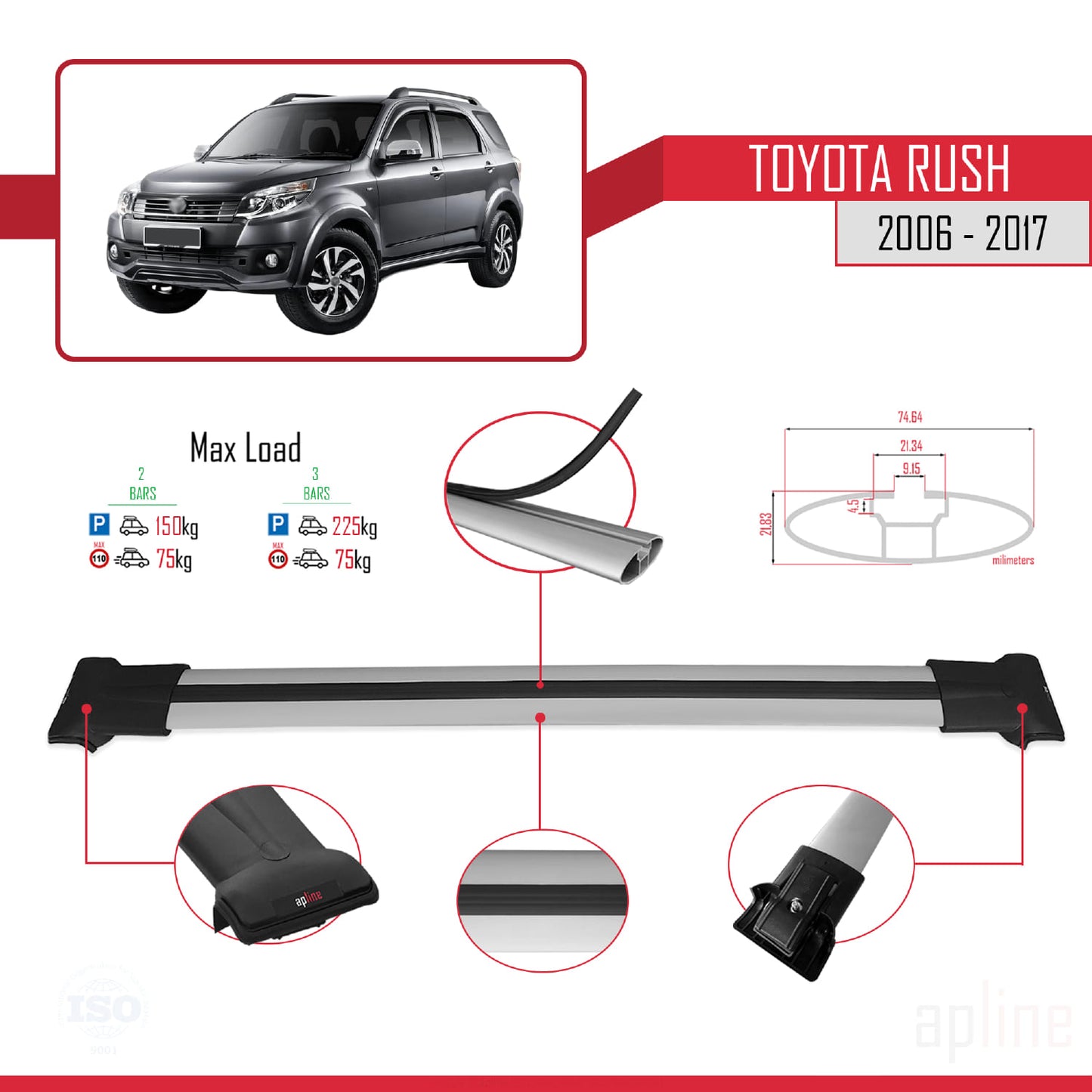 Compatible with Toyota Rush 2006-2017 FLY Model Car Roof Rack Cross Bar Grey Aluminium 2 Bars