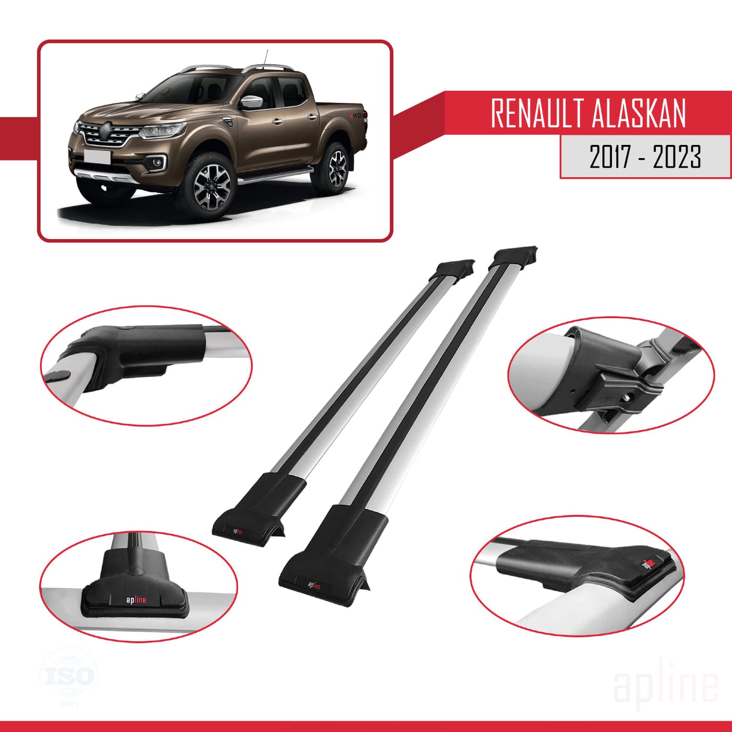 Compatible with Renault Alaskan 2017-2023 FLY Model Car Roof Rack Cross Bar Grey Aluminium 2 Bars