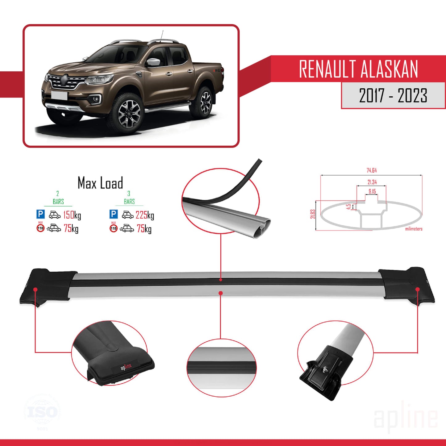 Compatible with Renault Alaskan 2017-2023 FLY Model Car Roof Rack Cross Bar Grey Aluminium 2 Bars