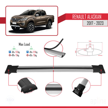 Compatible with Renault Alaskan 2017-2023 FLY Model Car Roof Rack Cross Bar Grey Aluminium 2 Bars