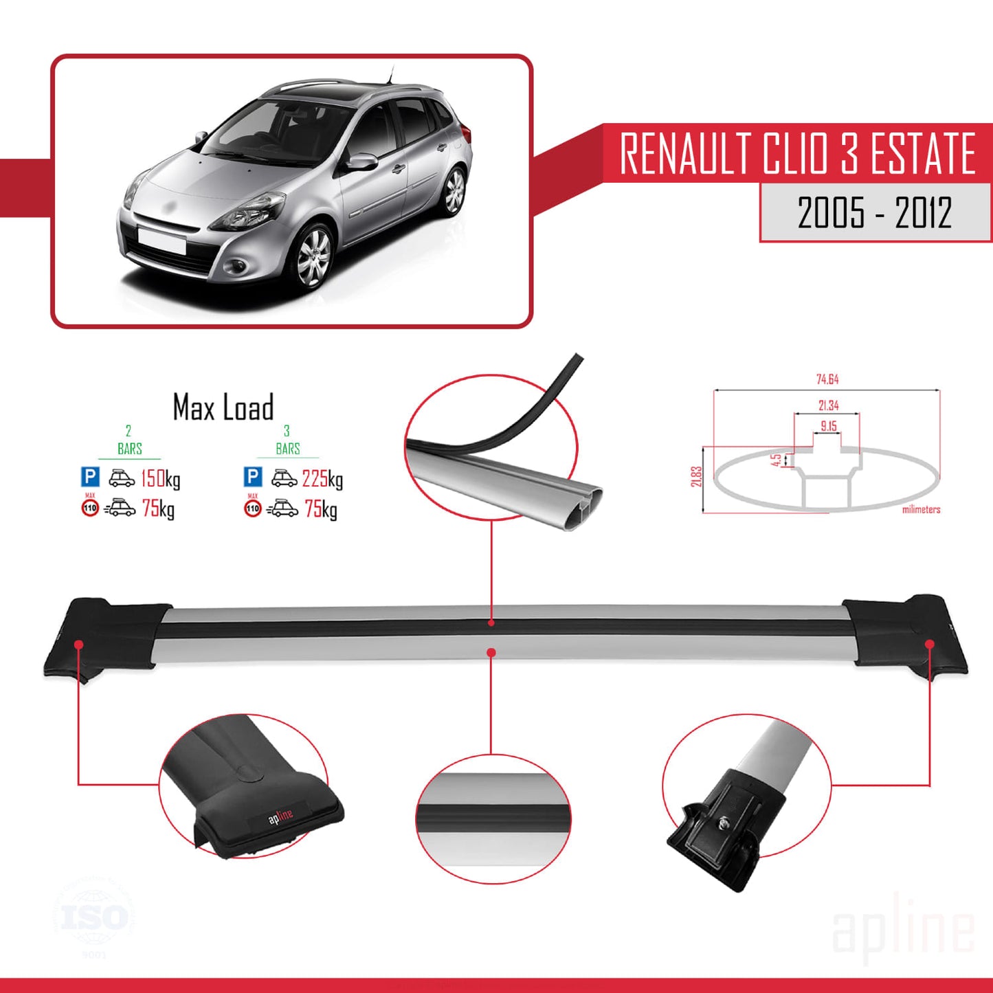 Compatible with Renault Clio 3 Estate 2005-2012 FLY Model Car Roof Rack Cross Bar Grey Aluminium 2 Bars
