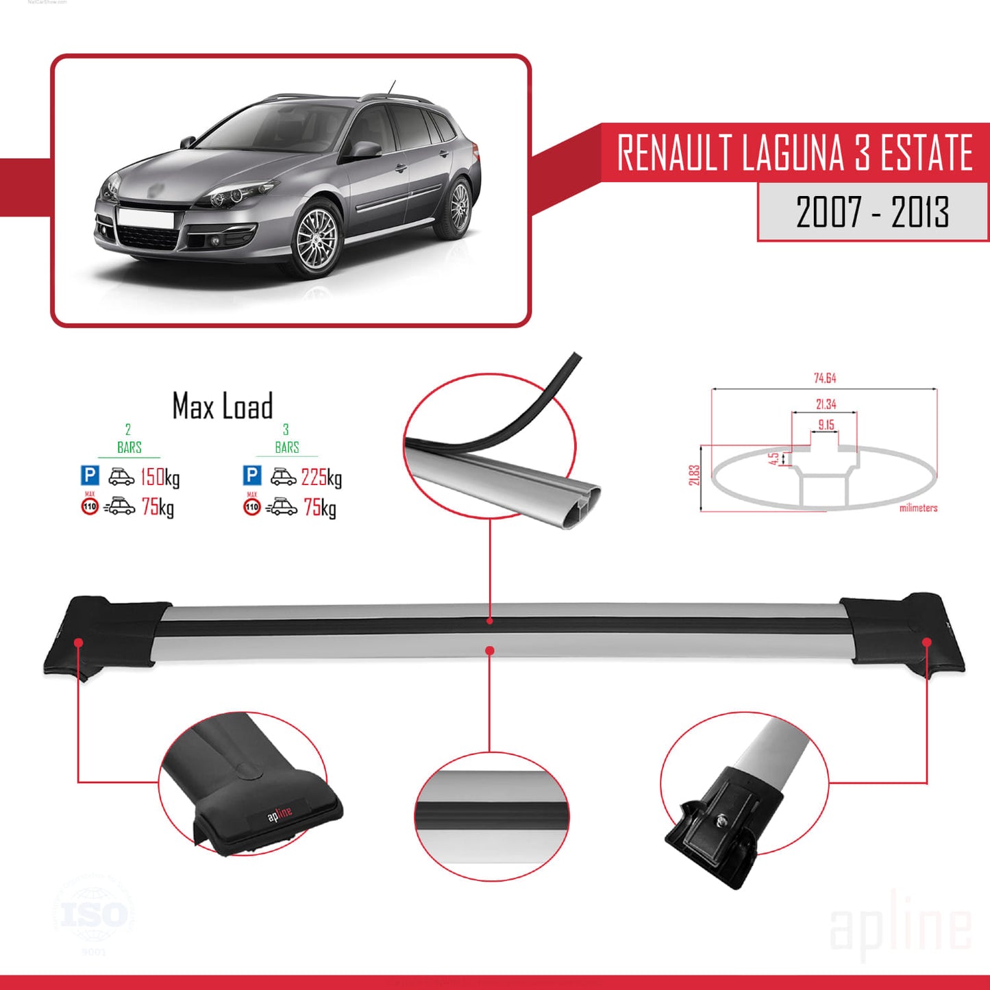Compatible with Renault Laguna 3 Estate 2007-2013 FLY Model Car Roof Rack Cross Bar Grey Aluminium 2 Bars
