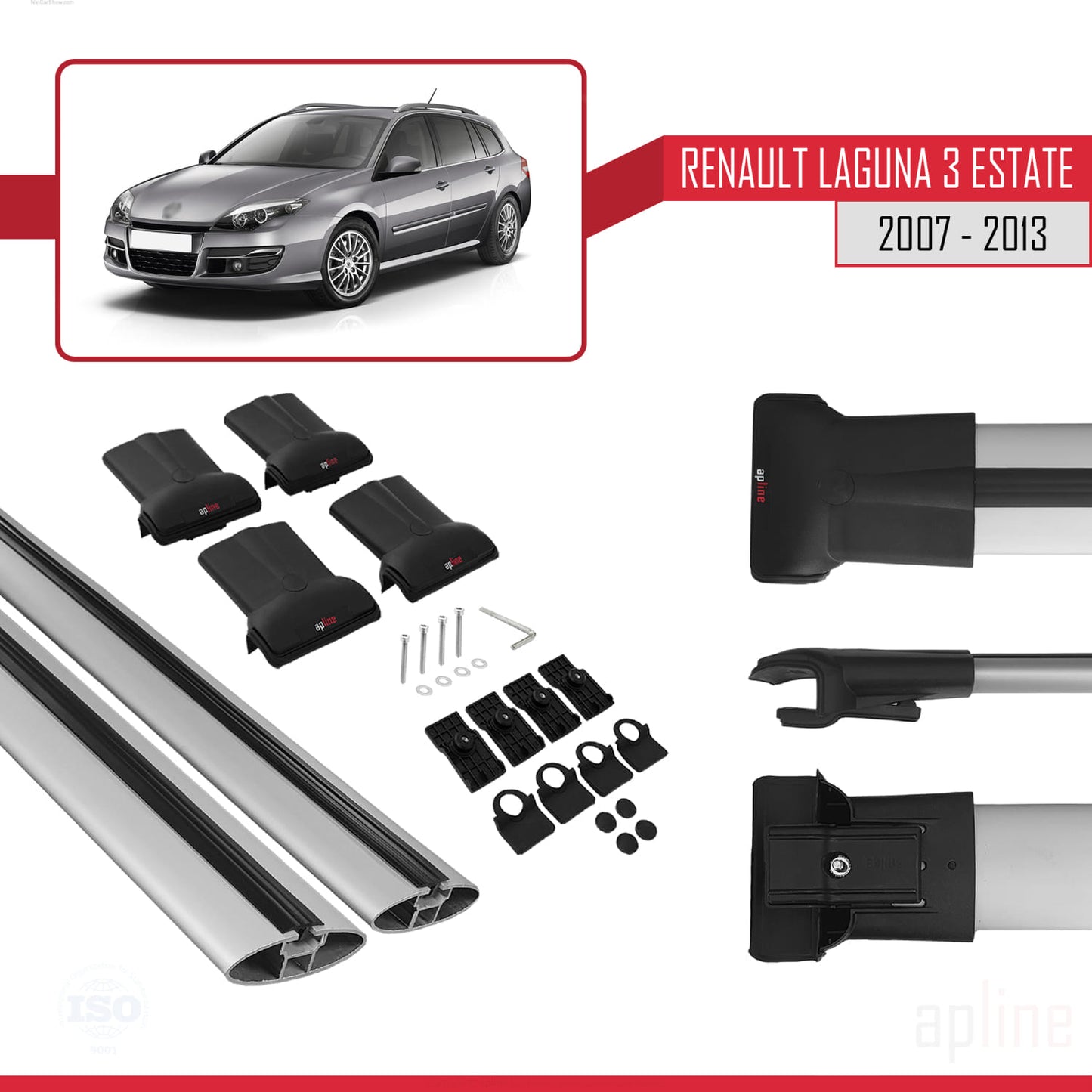 Compatible with Renault Laguna 3 Estate 2007-2013 FLY Model Car Roof Rack Cross Bar Grey Aluminium 2 Bars