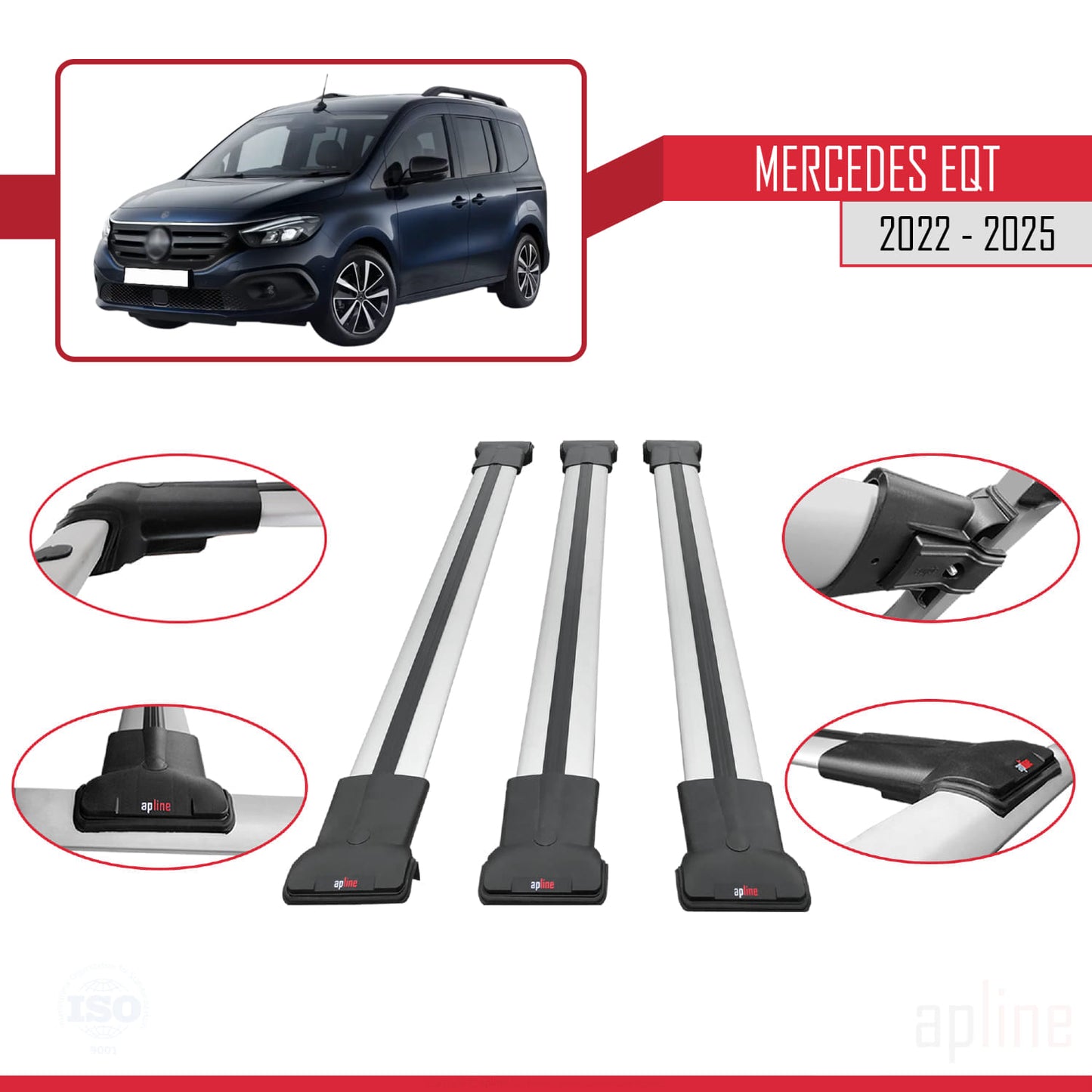 Compatible with Mercedes EQT / Citan W420 2022-2025 FLY Model Car Roof Rack Cross Bar Grey Aluminium 3 Bars