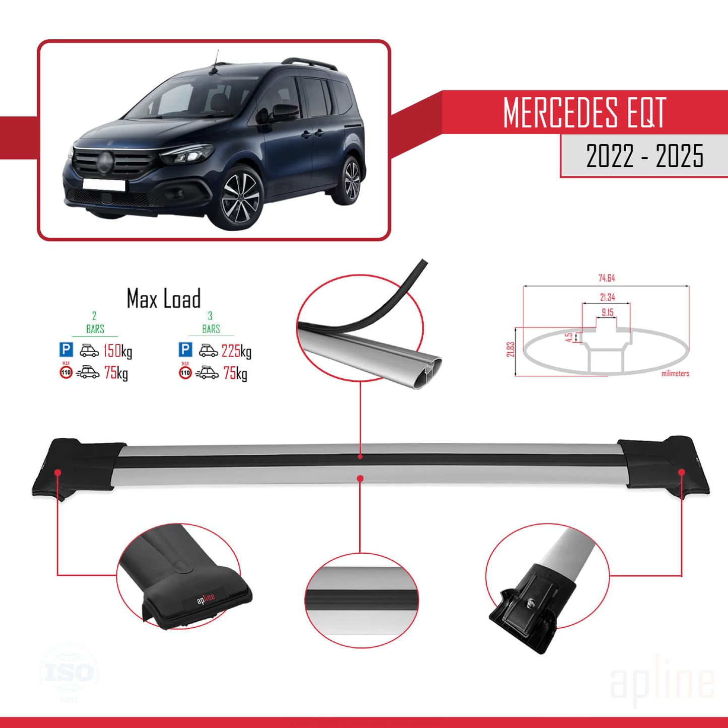 Compatible with Mercedes EQT / Citan W420 2022-2025 FLY Model Car Roof Rack Cross Bar Grey Aluminium 2 Bars