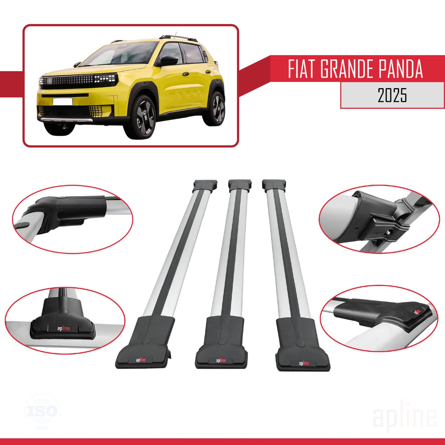 Compatible with Fiat Grande Panda 2025-2025 FLY Model Car Roof Rack Cross Bar Grey Aluminium 3 Bars
