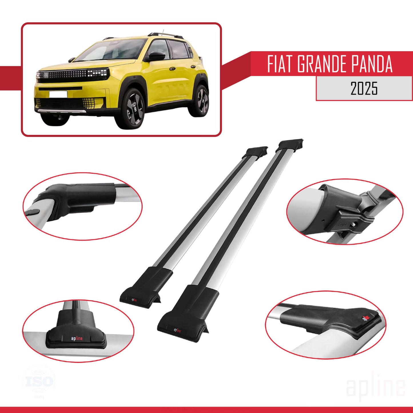 Compatible with Fiat Grande Panda 2025-2025 FLY Model Car Roof Rack Cross Bar Grey Aluminium 2 Bars