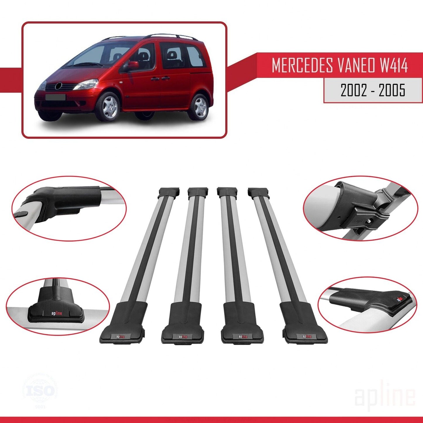 Compatible with Mercedes Vaneo (W414) 2002-2005 FLY Model Car Roof Rack Cross Bar Grey Aluminium 4 Bars