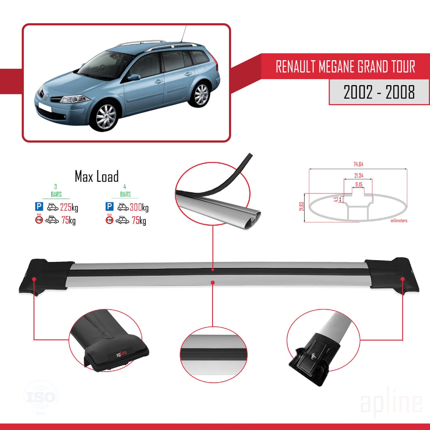 Compatible with Renault Megane Grand Tour 2002-2008 FLY Model Car Roof Rack Cross Bar Grey Aluminium 3 Bars