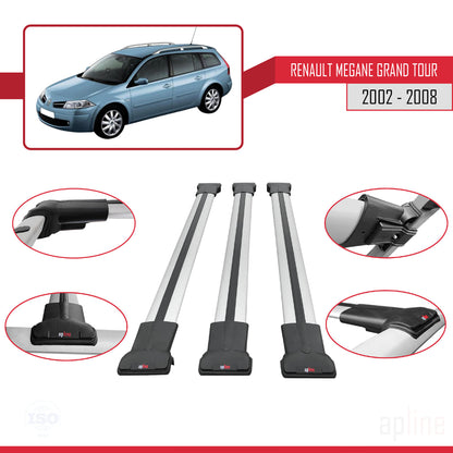 Compatible with Renault Megane Grand Tour 2002-2008 FLY Model Car Roof Rack Cross Bar Grey Aluminium 3 Bars