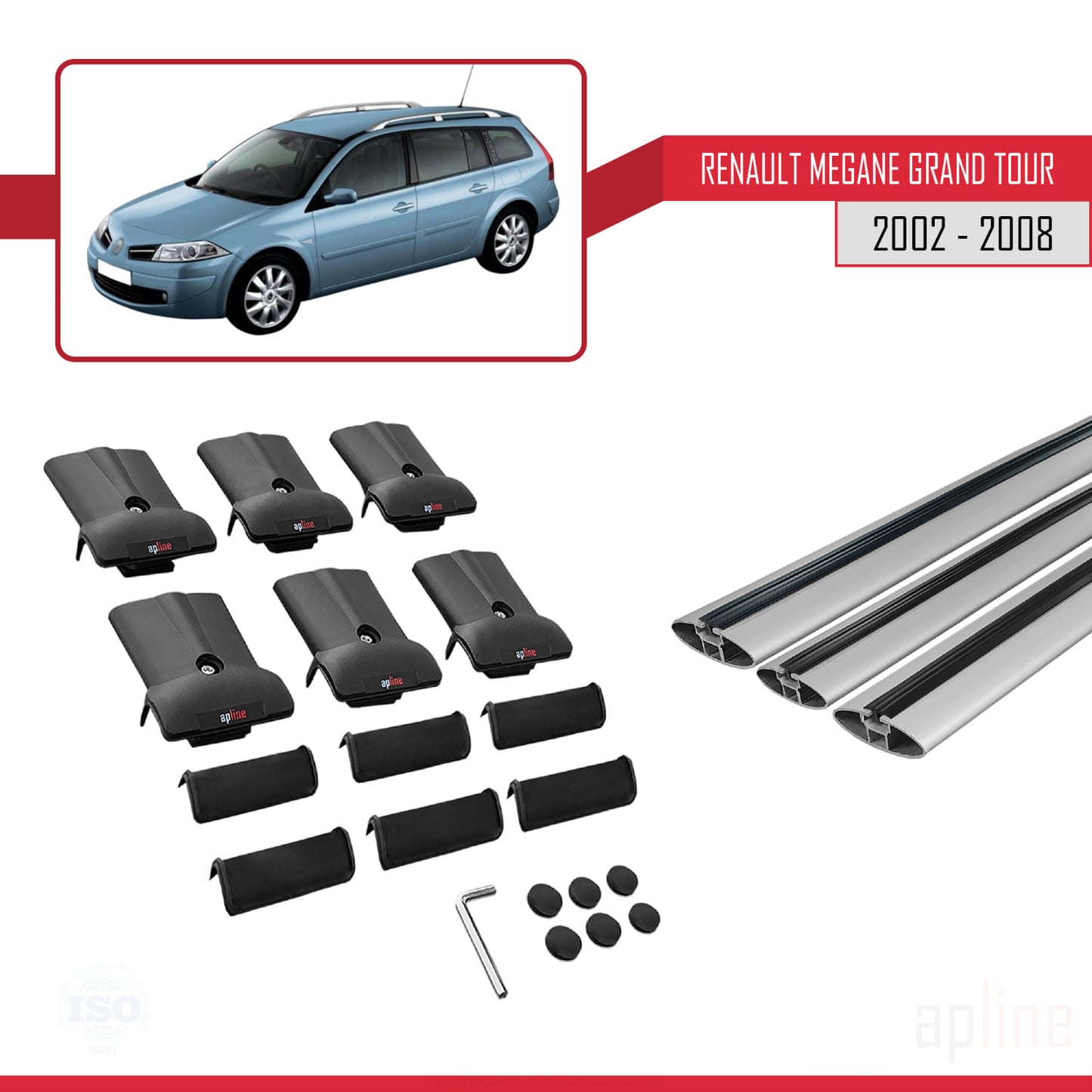 Compatible with Renault Megane Grand Tour 2002-2008 FLY Model Car Roof Rack Cross Bar Grey Aluminium 3 Bars